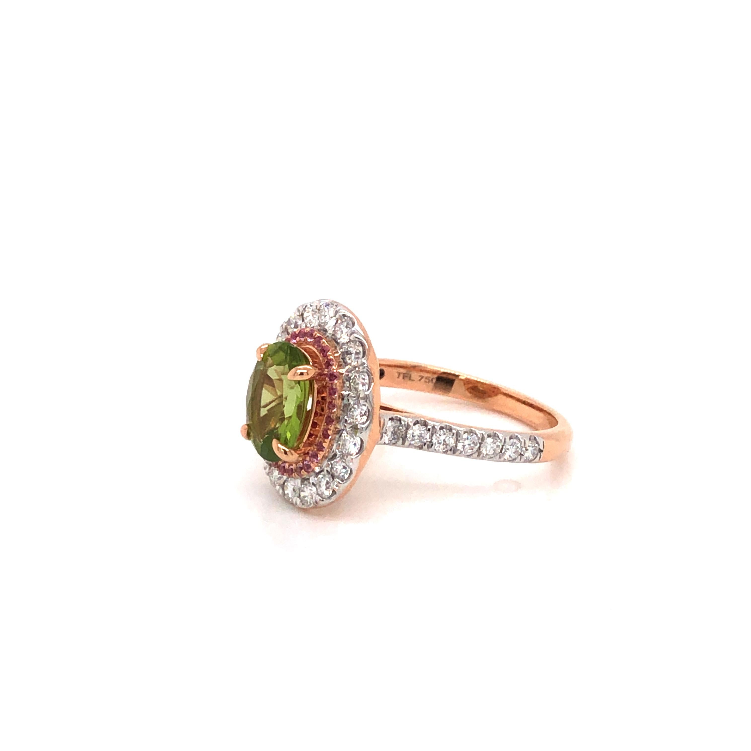 2.5 Carat Green Peridot Pink Sapphire Diamond Engagement Cocktail 18KT Ring For Sale 3