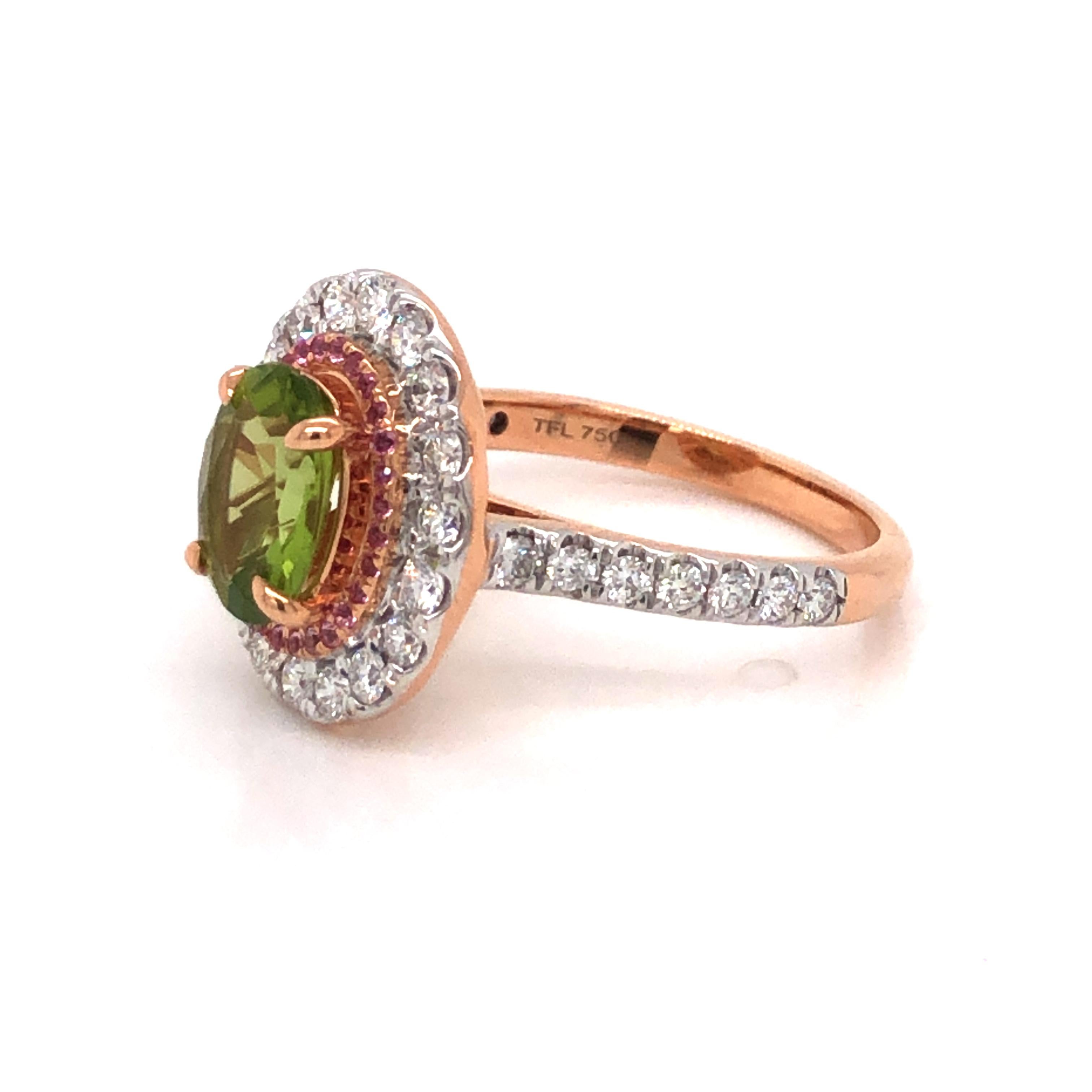 2.5 Carat Green Peridot Pink Sapphire Diamond Engagement Cocktail 18KT Ring For Sale 4