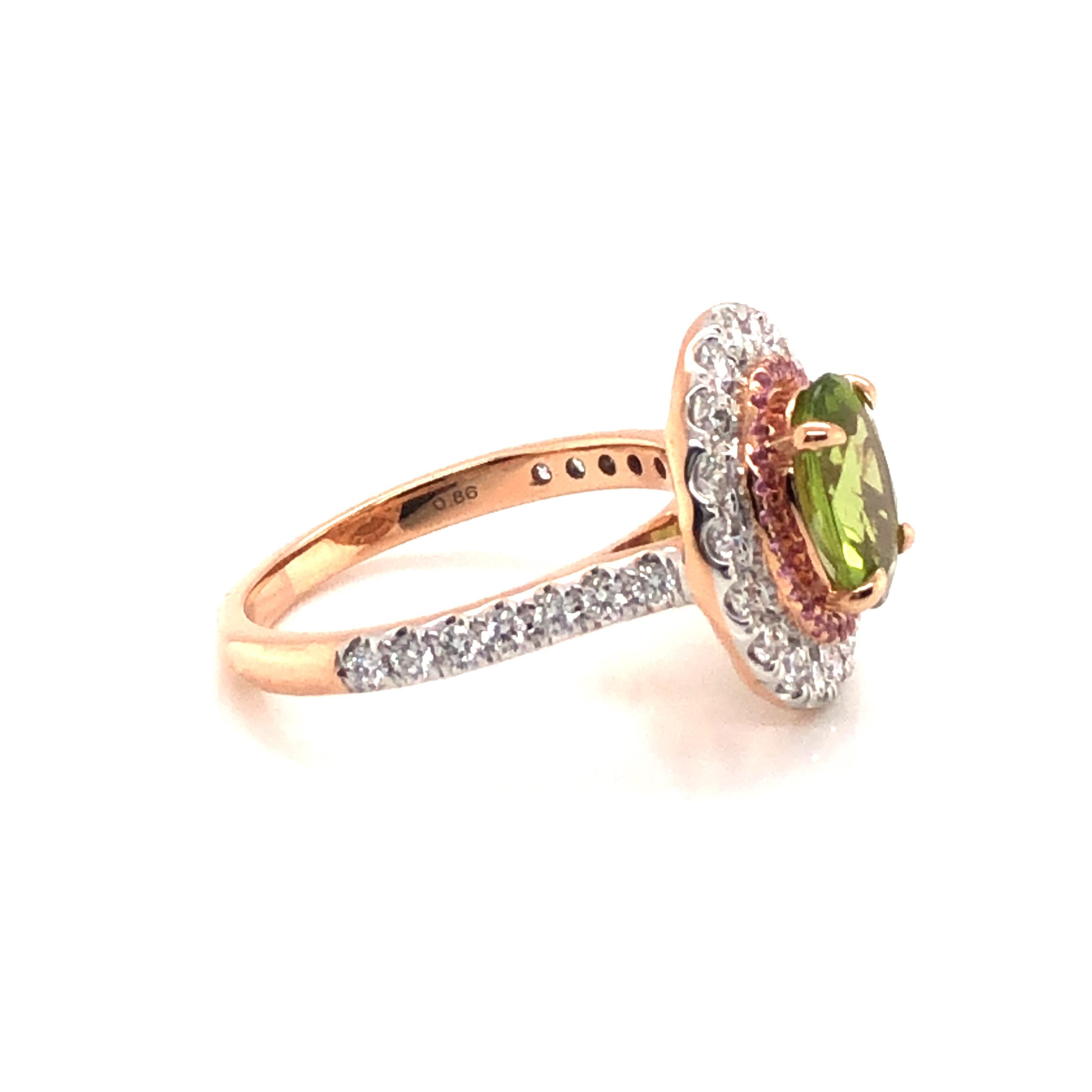 2.5 Carat Green Peridot Pink Sapphire Diamond Engagement Cocktail 18KT Ring For Sale 6