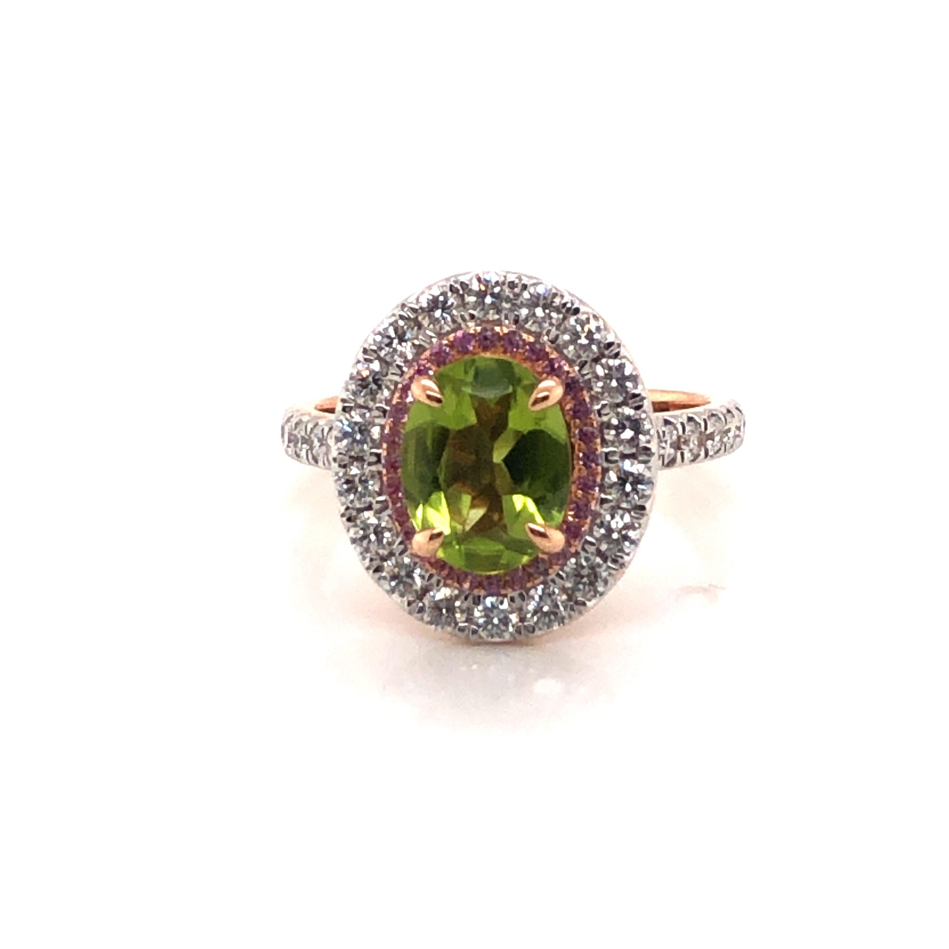Oval Cut 2.5 Carat Green Peridot Pink Sapphire Diamond Engagement Cocktail 18KT Ring For Sale