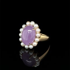 2,5 Karat Lavendel Jade und Perle Gold Vintage Halo Ring
