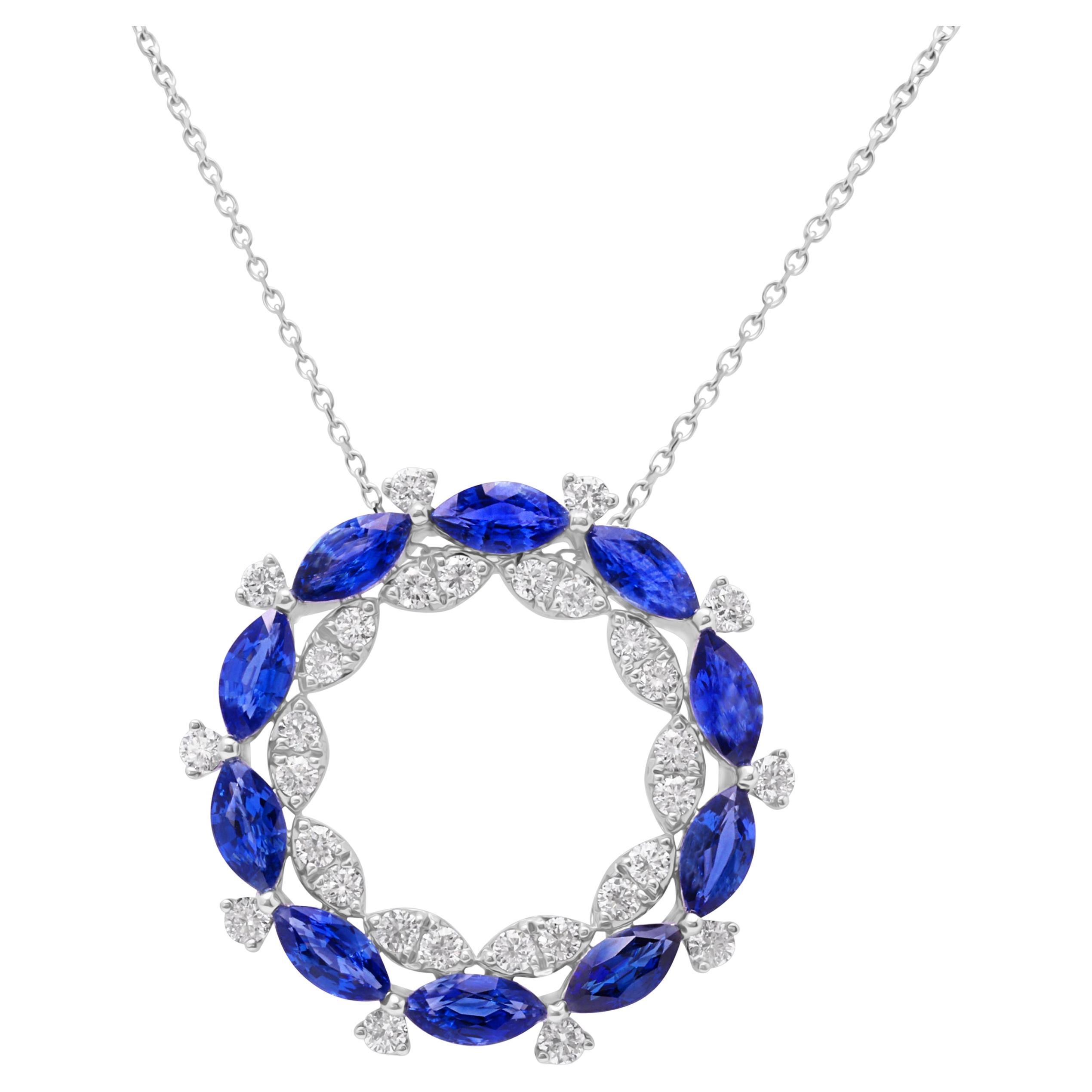 2.5 Carat Marquise Cut Sapphire and 0.7 Ct Diamond Circle Pendant in 18W ref820 For Sale
