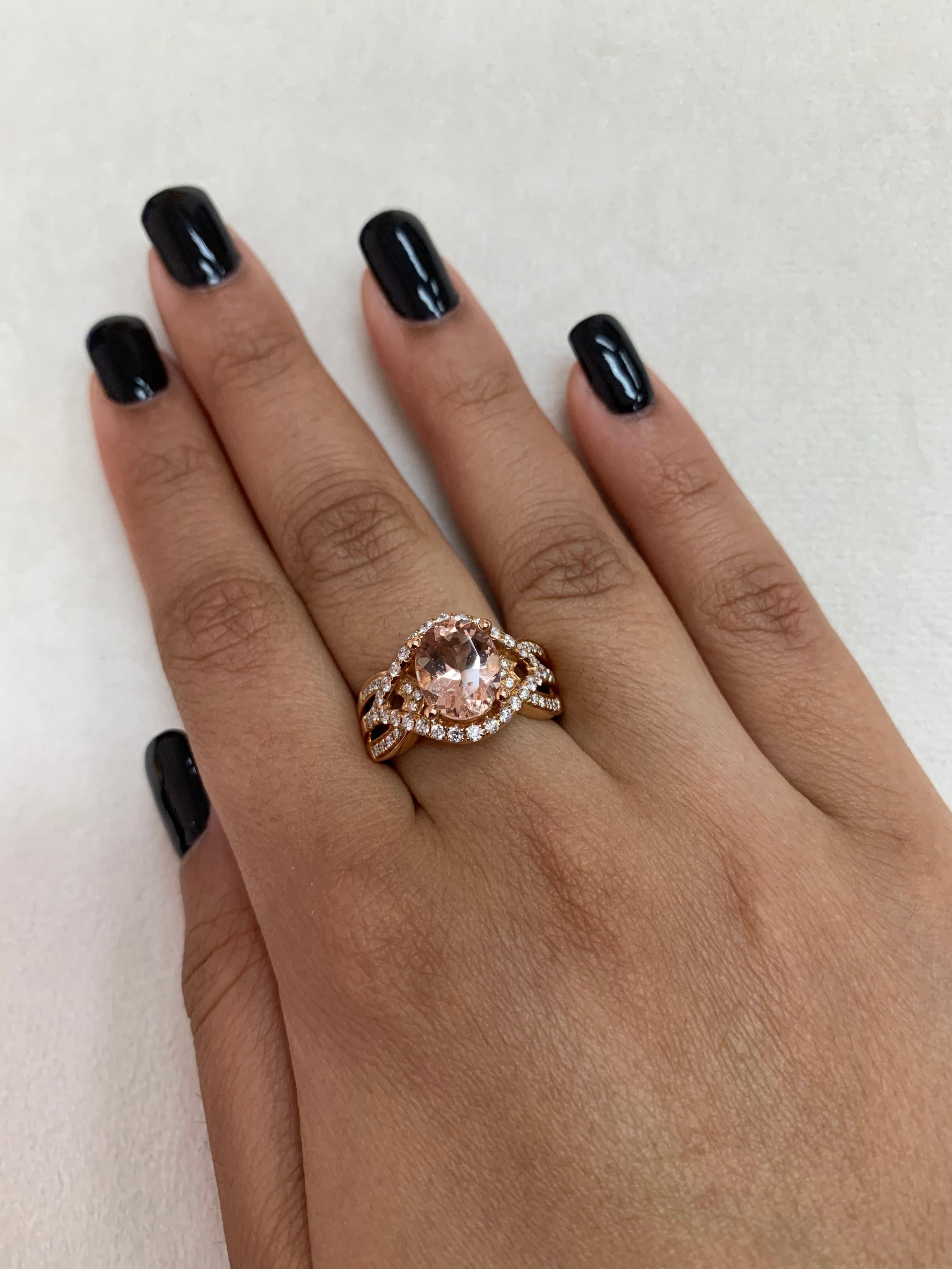 This collection features an array of magnificent morganites! Accented with diamonds these rings are made in rose gold and present a classic yet elegant look. 

Classic morganite ring in 18K rose gold with diamonds. 

Morganite: 2.54 carat oval