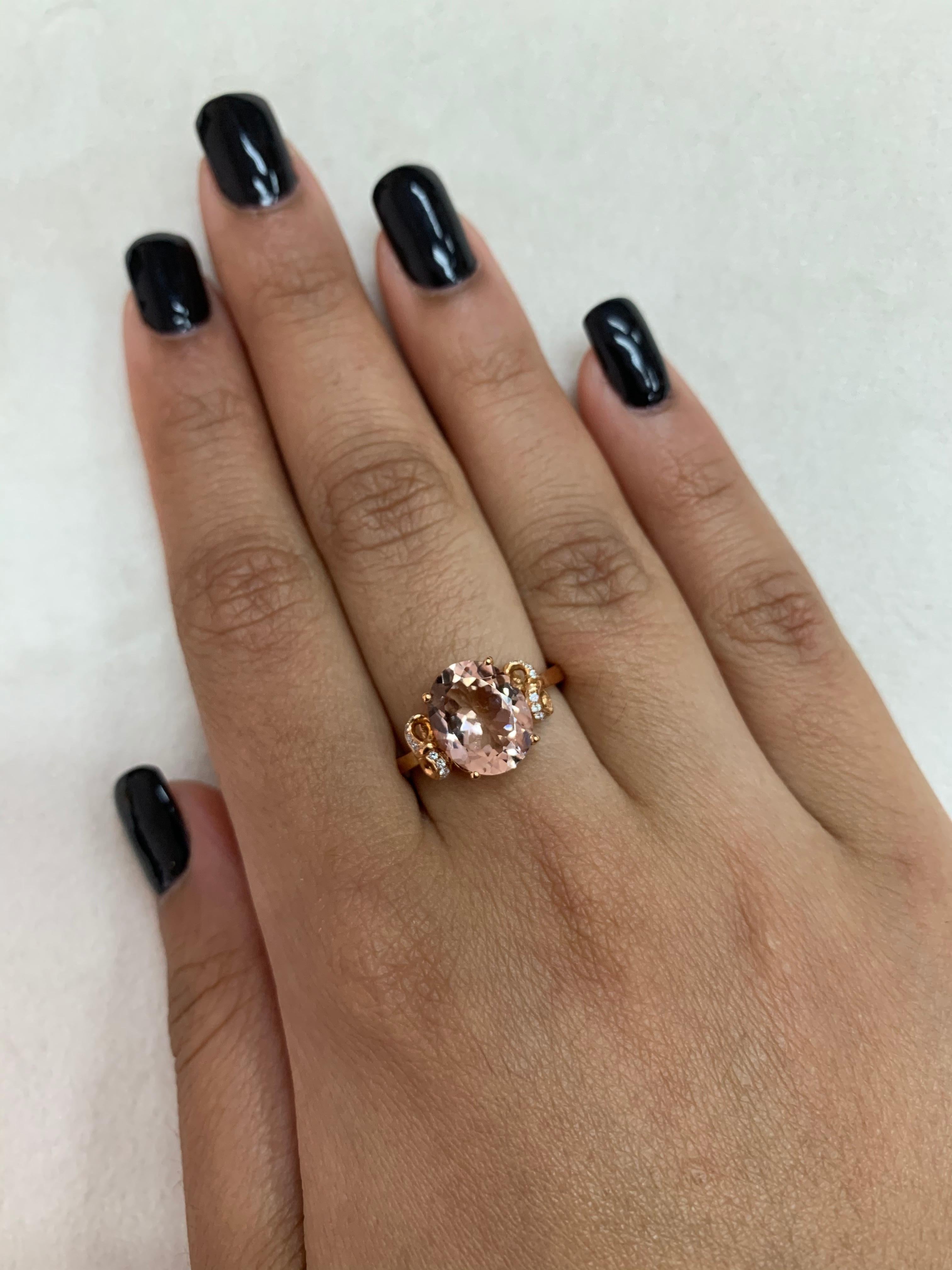 This collection features an array of magnificent morganites! Accented with diamonds these rings are made in rose gold and present a classic yet elegant look. 

Classic morganite ring in 18K rose gold with diamonds. 

Morganite: 2.5 carat oval