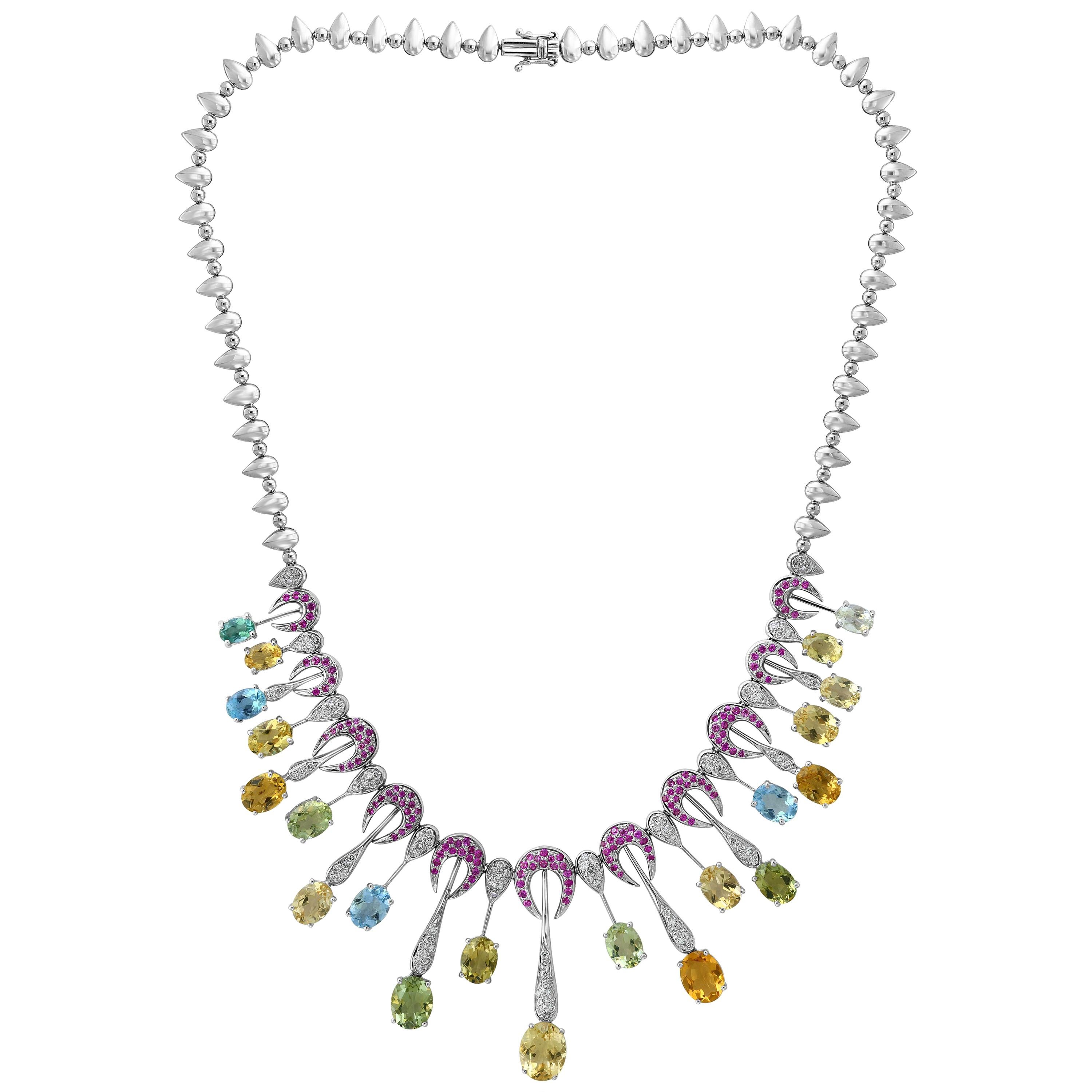 25 Carat Multi-Color Aquamarine and Diamonds Necklace 18 Karat White Gold For Sale