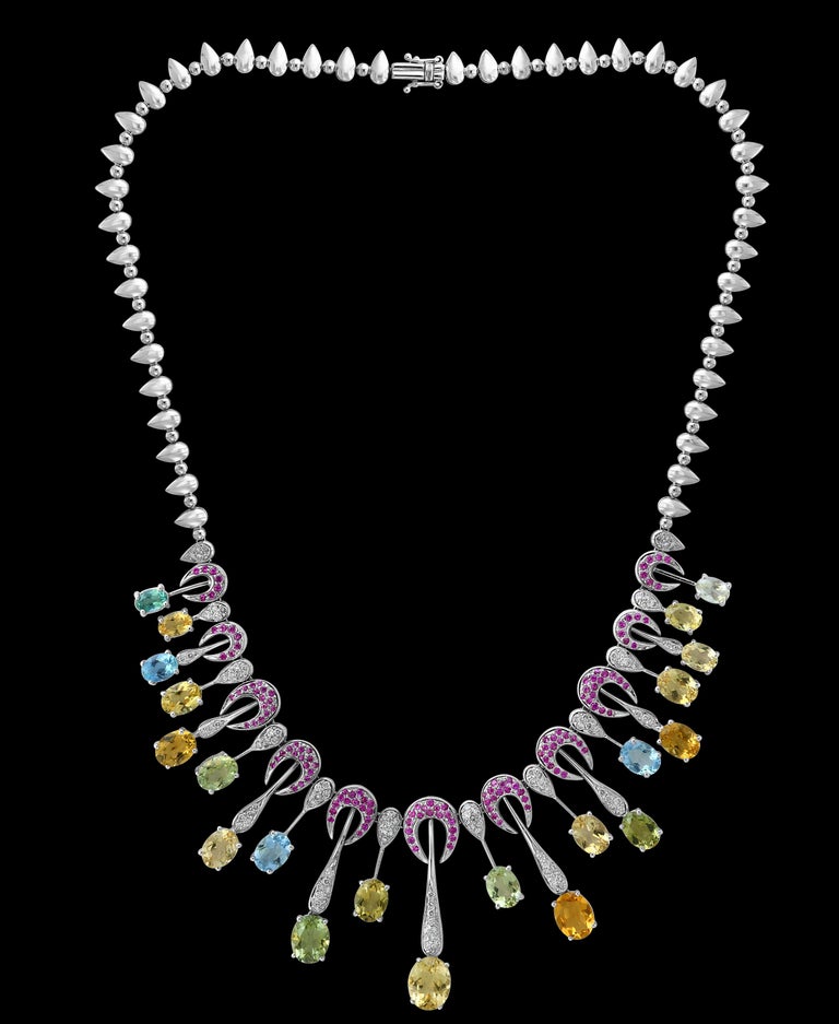 25 Carat Multi-Color Aquamarine and Diamonds Necklace 18 Karat White ...