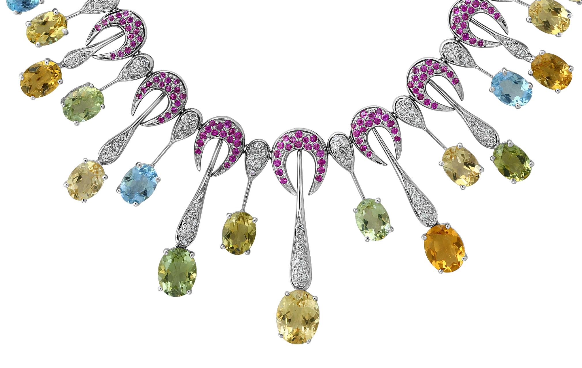 Oval Cut 25 Carat Multi-Color Aquamarine and Diamonds Necklace 18 Karat White Gold For Sale