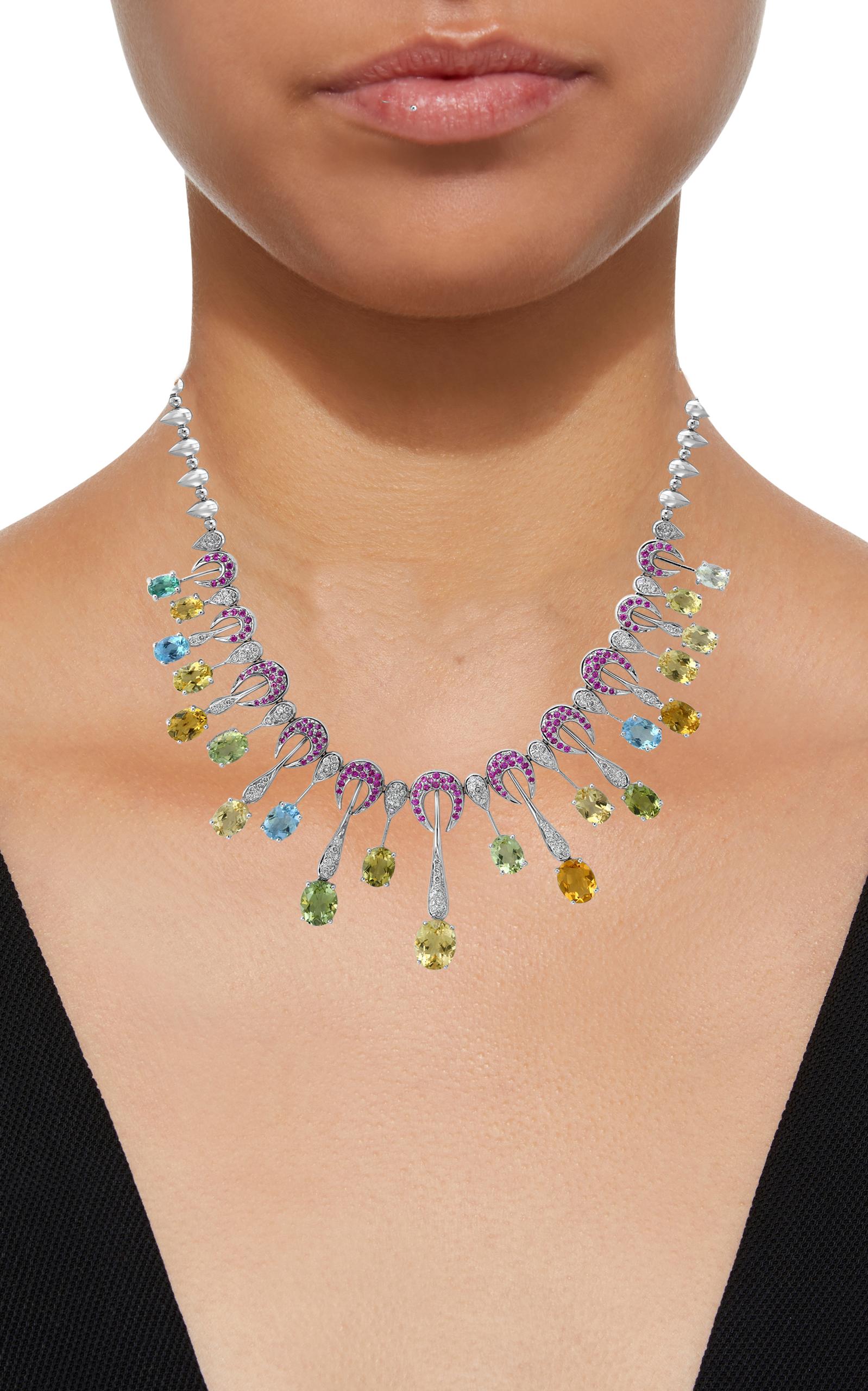 Women's 25 Carat Multi-Color Aquamarine and Diamonds Necklace 18 Karat White Gold For Sale