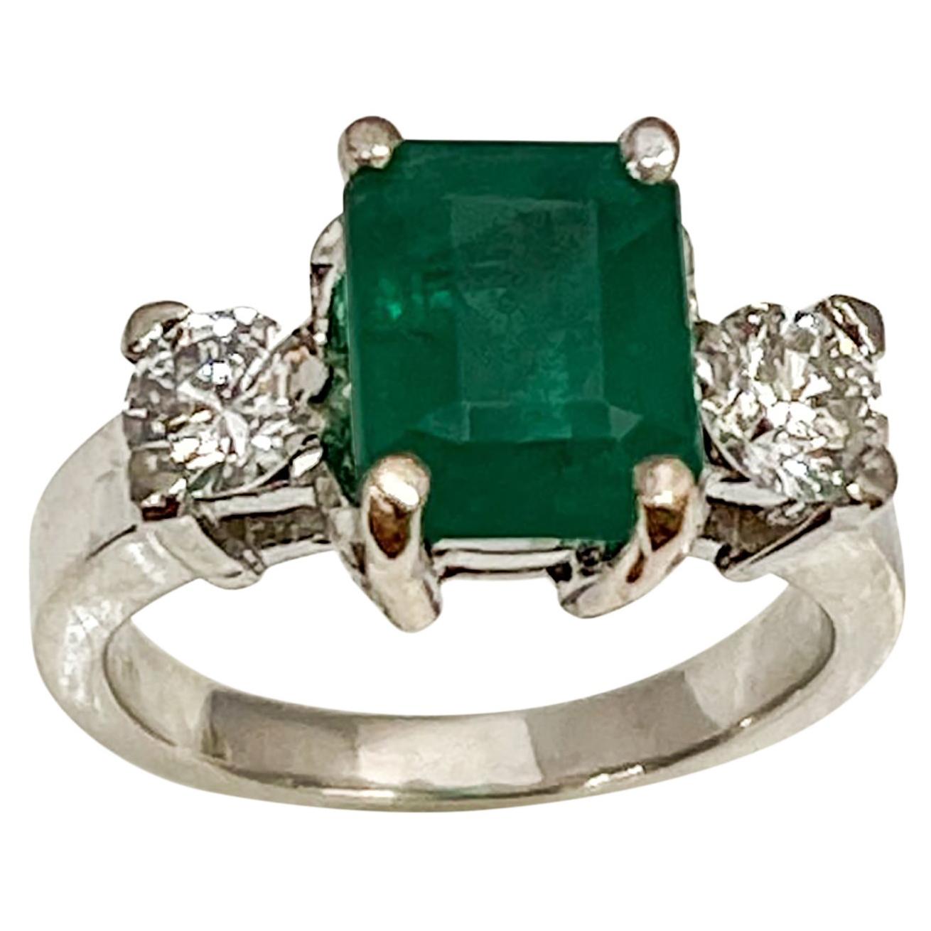 2.5 Carat Natural Emerald Cut Emerald & 0.50 Ct Diamond Ring 14 Karat White Gold