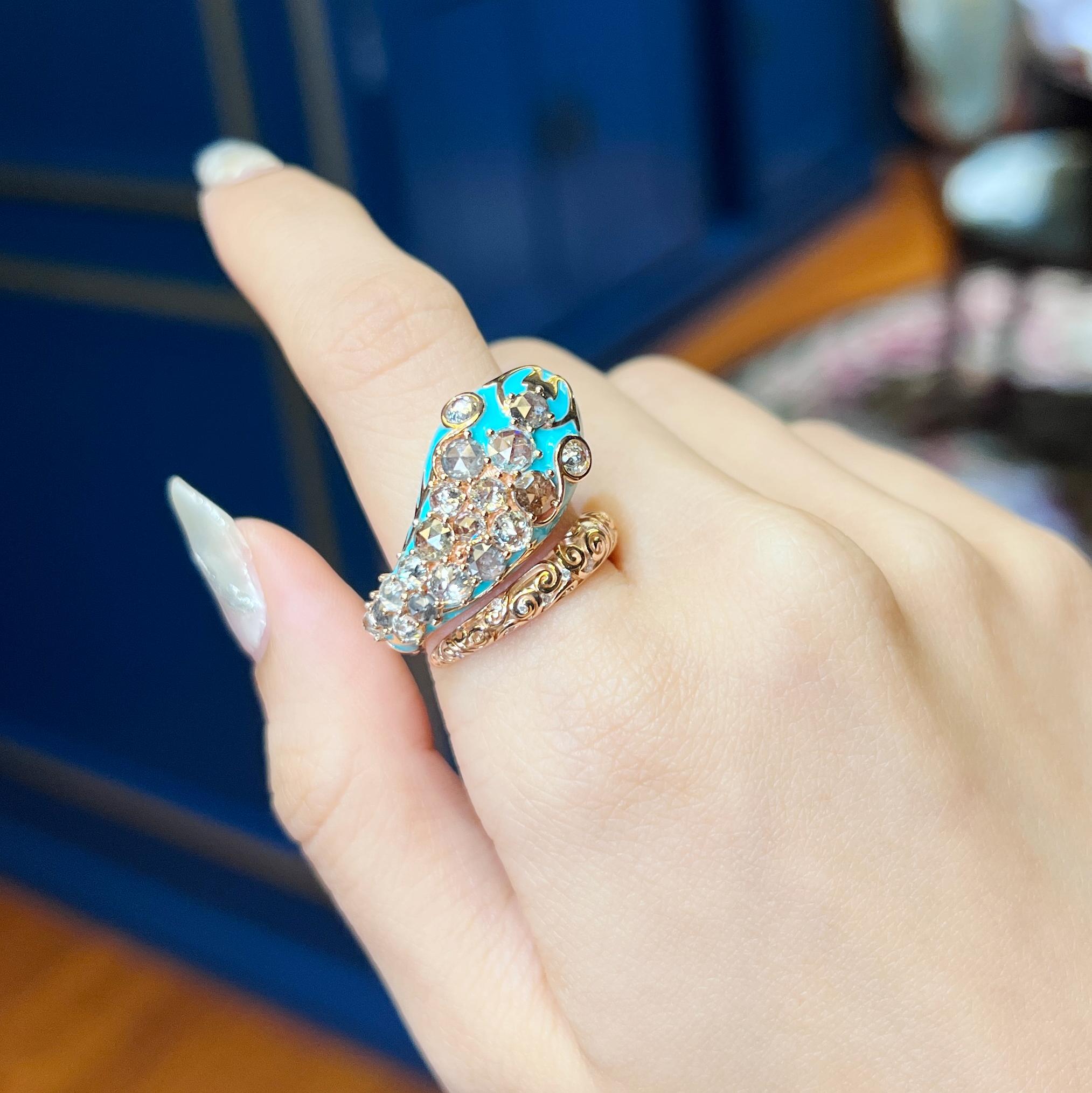 Women's or Men's 2.5 Carat Natural Fancy Color Diamond And Enamel Blue Mamba Designer 18K Ring For Sale