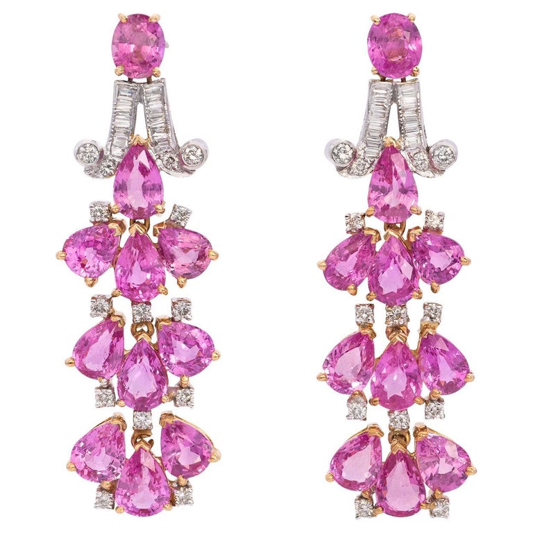 25 Carat Natural Pink Sapphire and Diamond 3 Row Drop Earring For Sale at  1stDibs | antique pink sapphire earrings, natural pink sapphire earrings