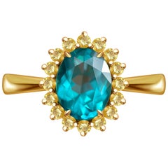 2, 5 Carat Neon Blue Apatite Yellow Sapphire 14 Karat Yellow Gold Cocktail Ring