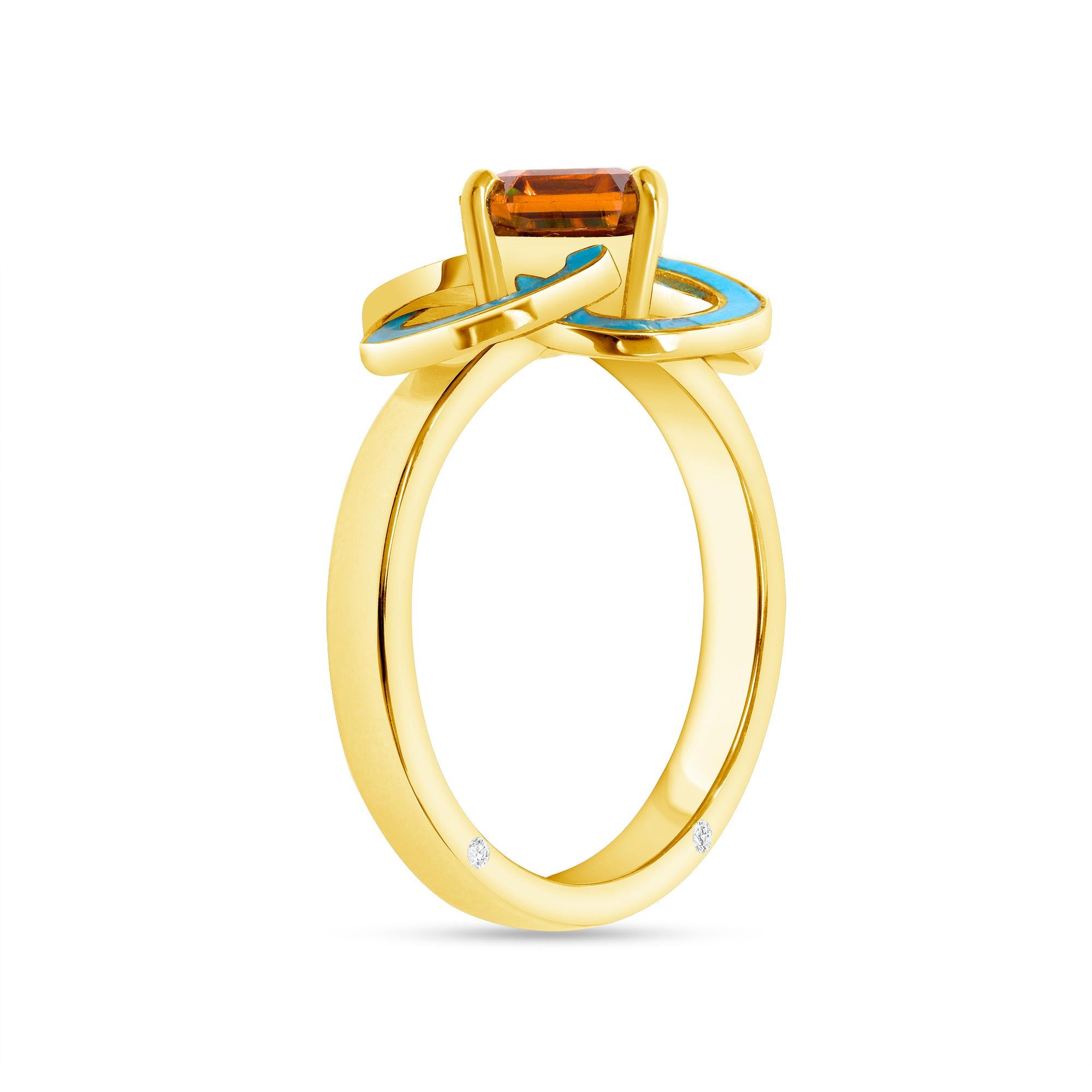 2.56 Carat Orange Zircon, Turquoise, Diamond, Yellow Gold Cocktail Ring, In Stock. This abstract ring has an 18k yellow gold band and setting. It has geometric spirals that are reminiscent of Celtic patterns. These spirals have an inlay made of