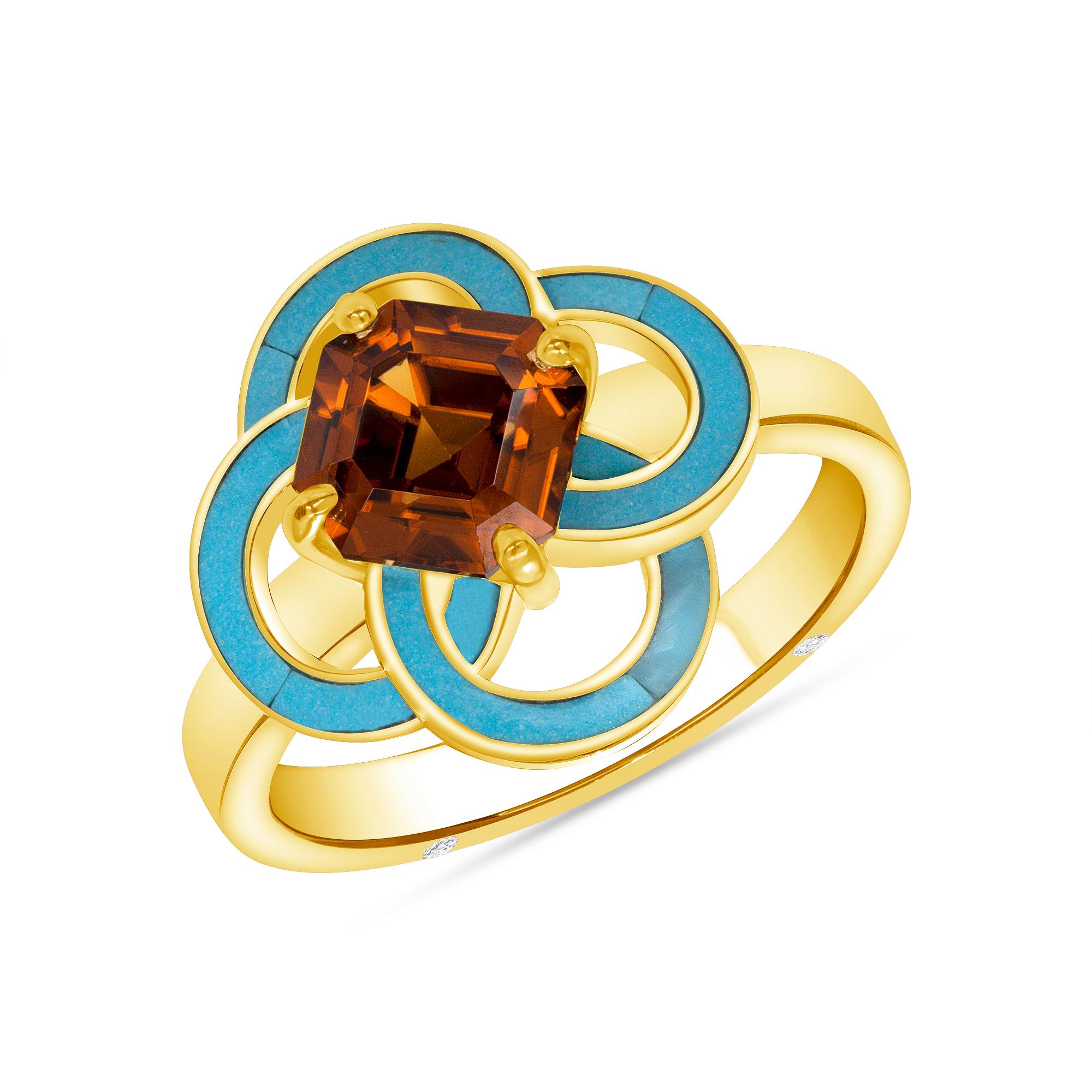 Artisan 2.5 Carat Orange Zircon, Turquoise, Diamond, Yellow Gold Cocktail Ring, in Stock For Sale