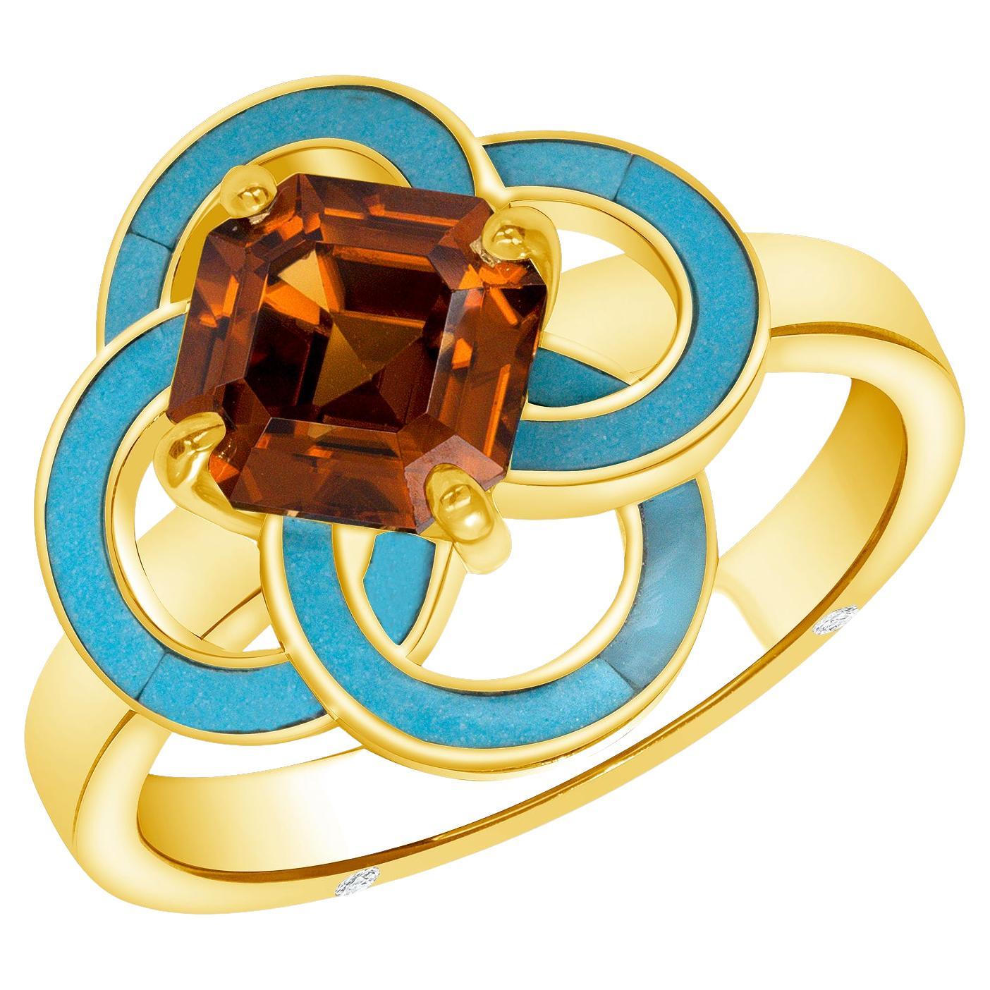 2.5 Carat Orange Zircon, Turquoise, Diamond, Yellow Gold Cocktail Ring, in Stock For Sale