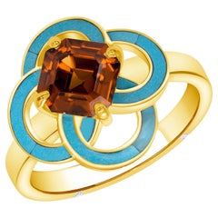 2.5 Carat Orange Zircon, Turquoise, Diamond, Yellow Gold Cocktail Ring, in Stock