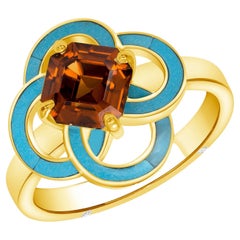 Bague cocktail en or jaune avec zircon orange de 2,5 carats, turquoise et diamants, en stock