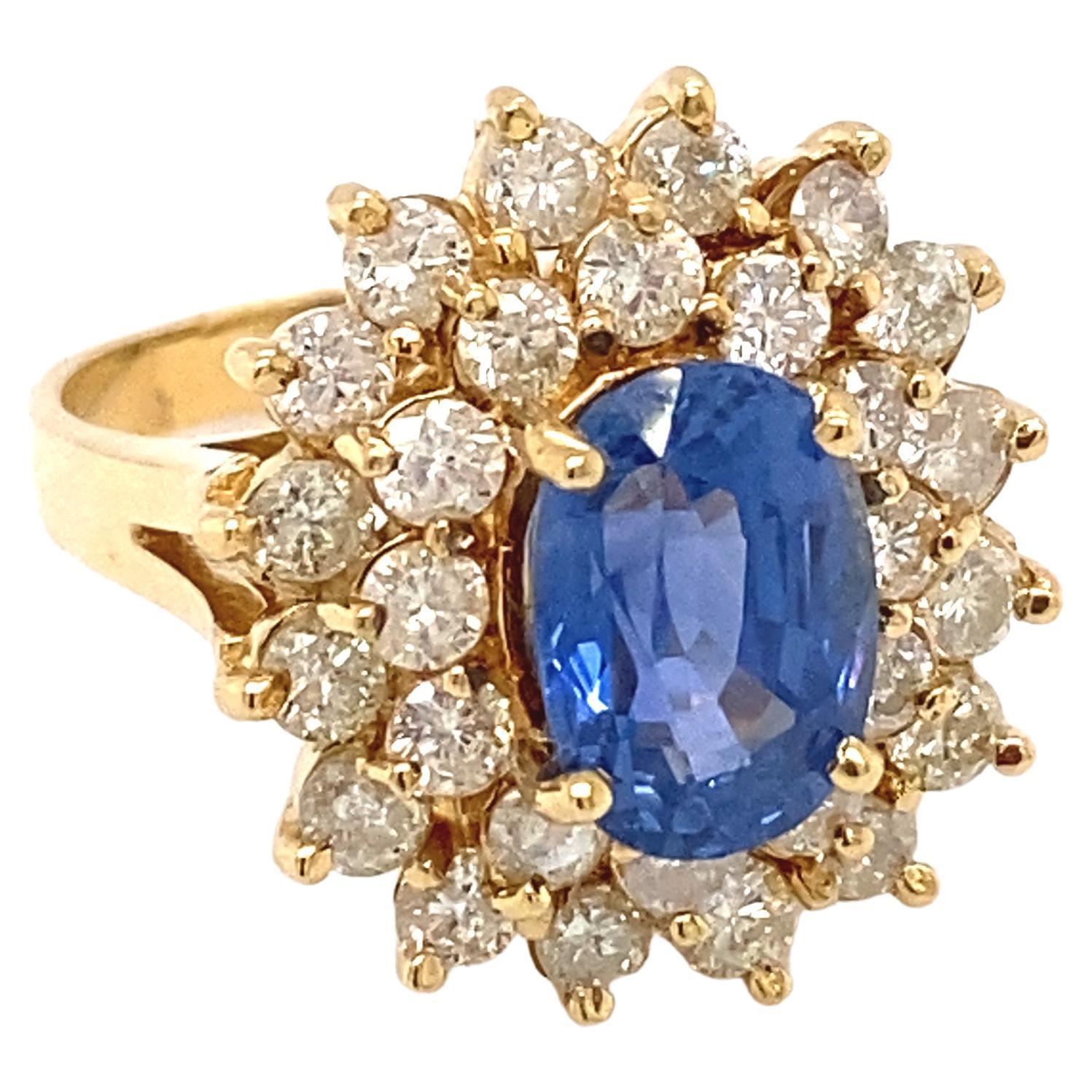 2.5 Carat Oval Ceylon Sapphire and Diamond Double Halo Ring in 18 Karat Gold