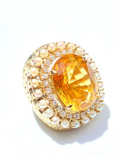 25 Carat Oval-Cut Citrine, Pearl and Diamond 14k Yellow Gold Cocktail Ring