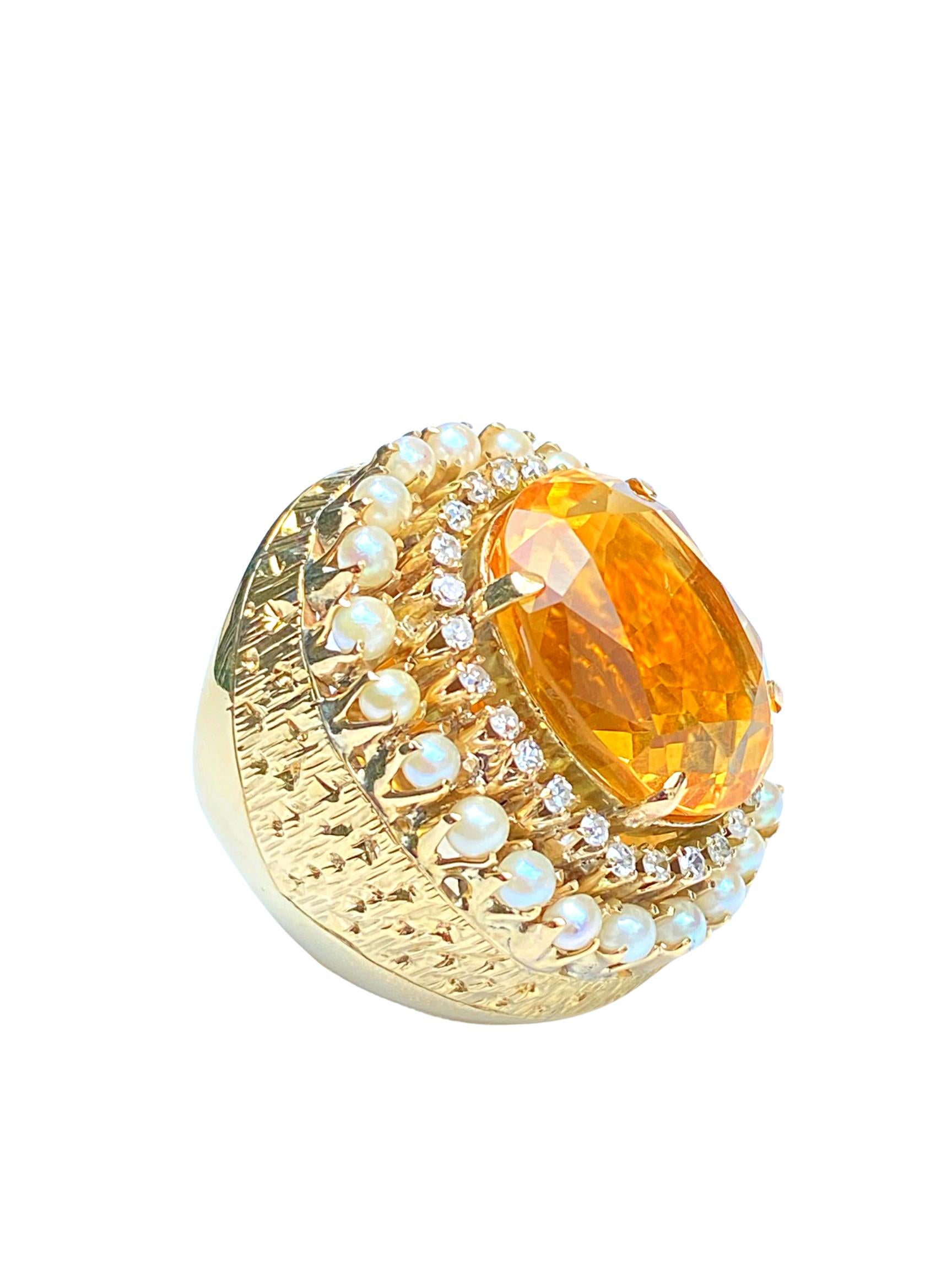 Retro 25 Carat Oval-Cut Citrine, Pearl and Diamond 14k Yellow Gold Cocktail Ring For Sale