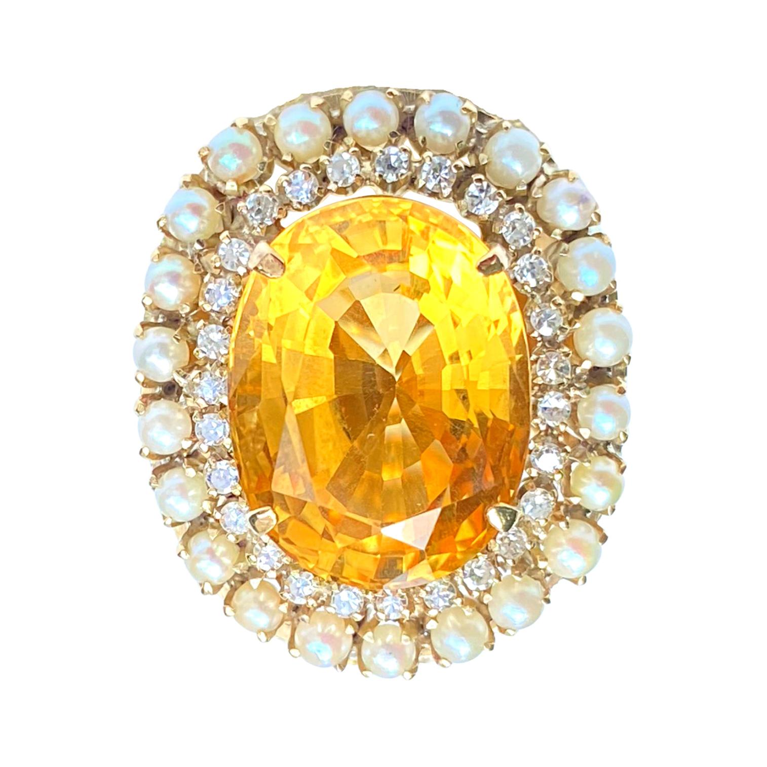 25 Carat Oval-Cut Citrine, Pearl and Diamond 14k Yellow Gold Cocktail Ring For Sale