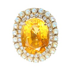 25 Carat Oval-Cut Citrine, Pearl and Diamond 14k Yellow Gold Cocktail Ring