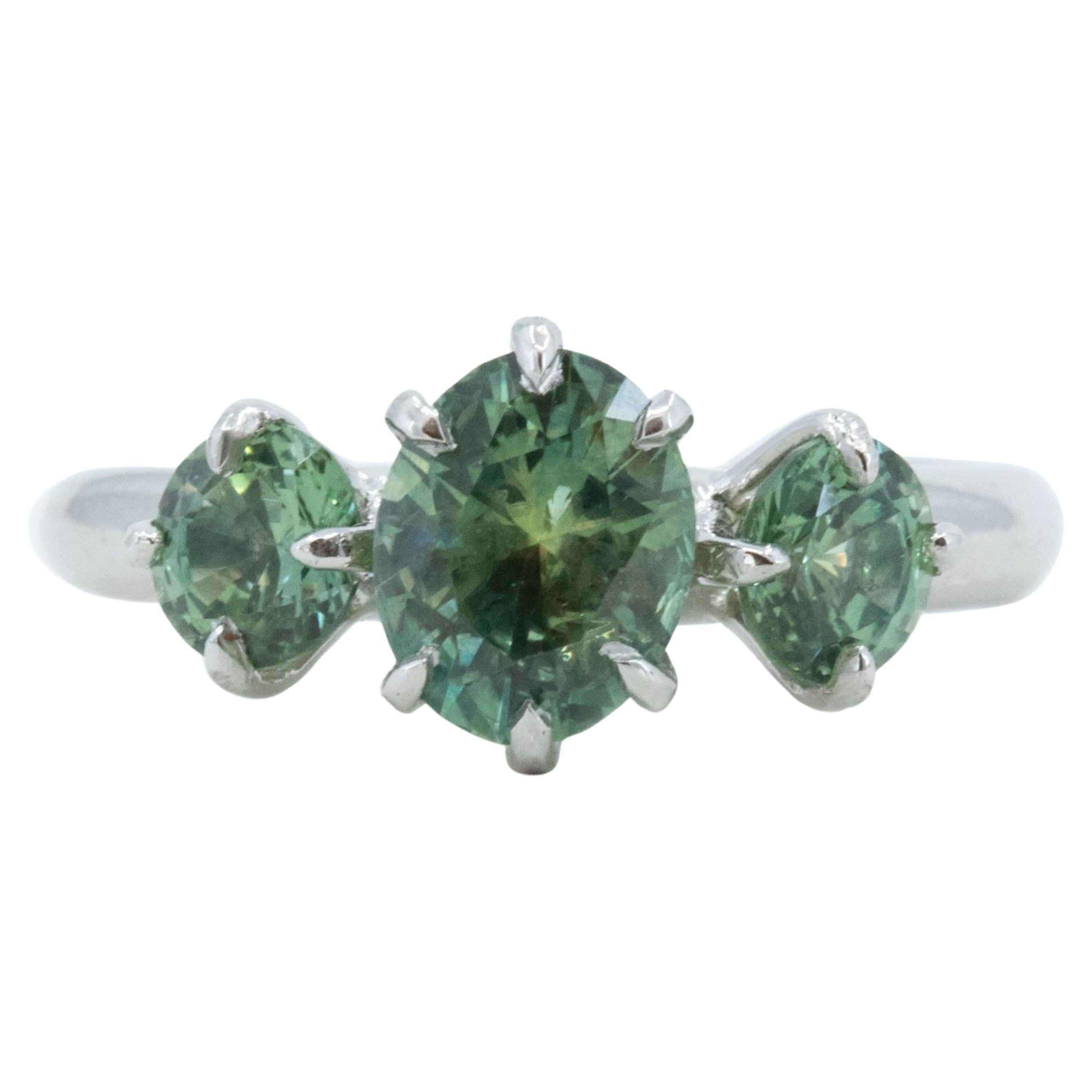 For Sale:  2.5 Carat Oval Cut Natural Green Sapphire Engagement Rings, Three-Stone Ring