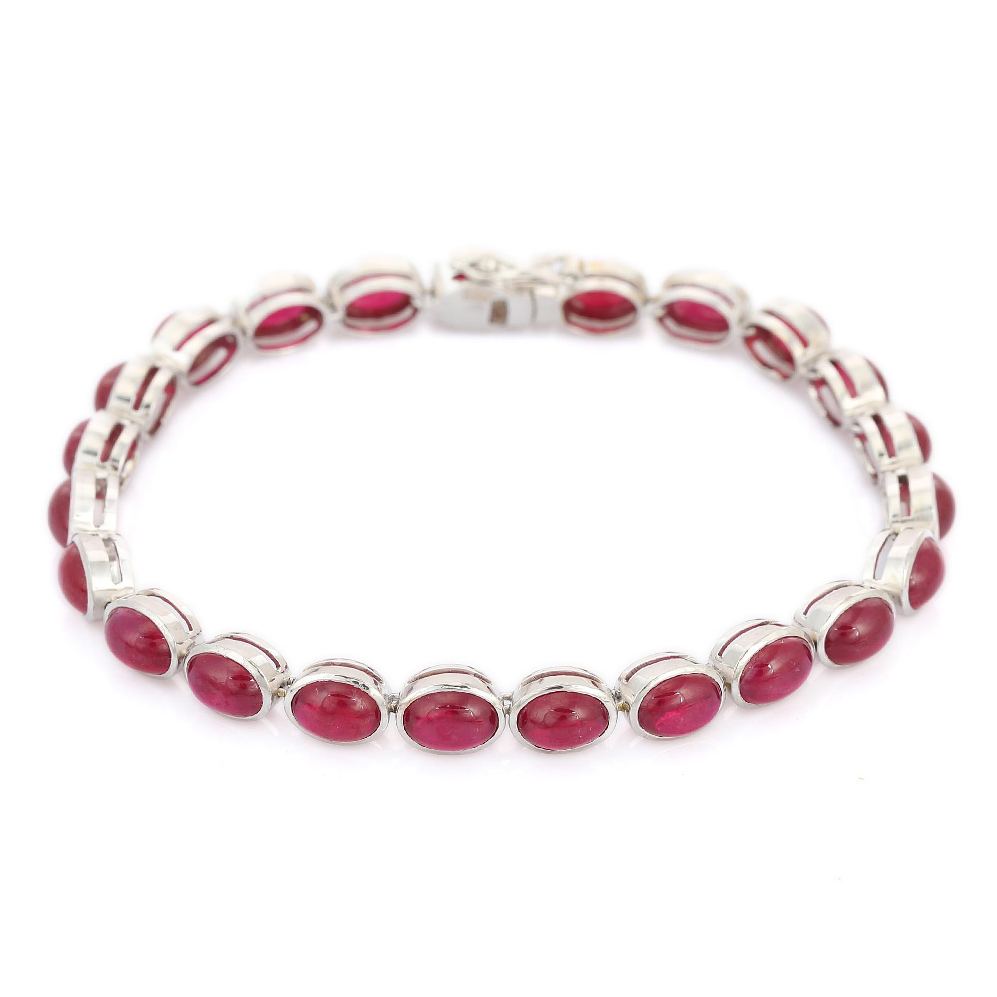Ruby bracelet in 18K Gold. It has a perfect oval cut gemstone studded to make you stand out on any occasion or an event. 
A tennis bracelet is an essential piece of jewelry when it comes to your wedding day. The sleek and elegant style complements