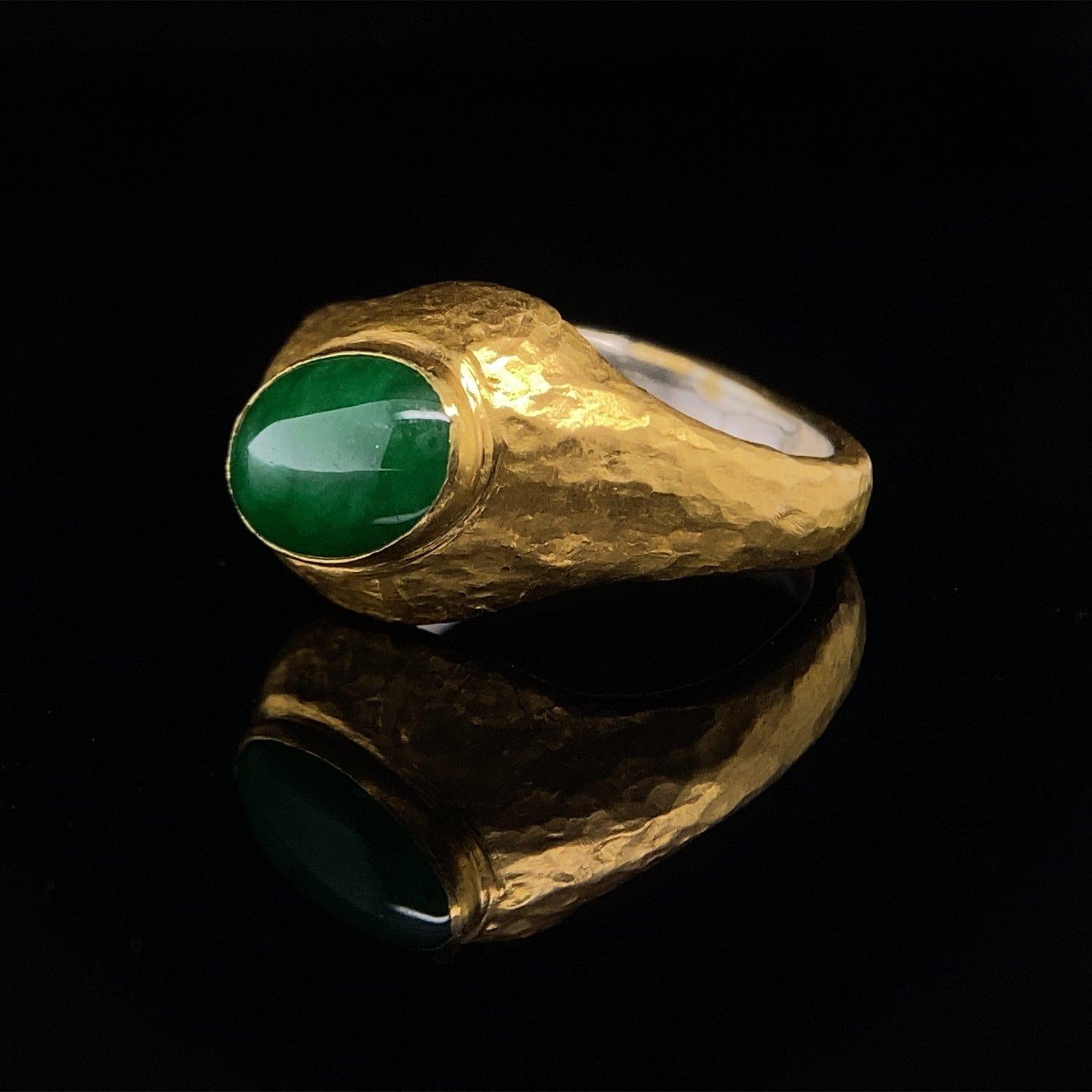 Oval Cut 2.5 Carat Oval Domed Smooth Bright Green Jade Cabochon Ring 24K Hammered Gold