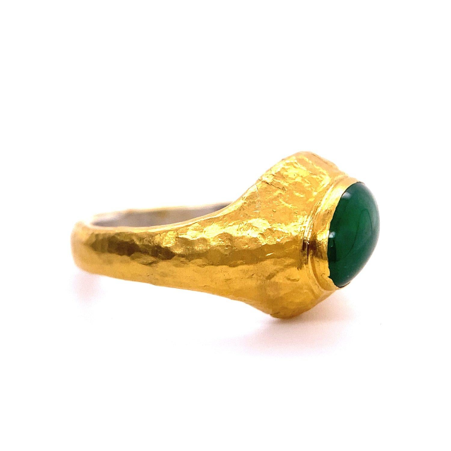 Women's or Men's 2.5 Carat Oval Domed Smooth Bright Green Jade Cabochon Ring 24K Hammered Gold