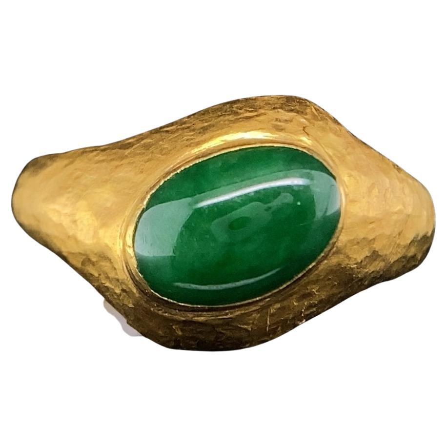 2.5 Carat Oval Domed Smooth Bright Green Jade Cabochon Ring 24K Hammered Gold
