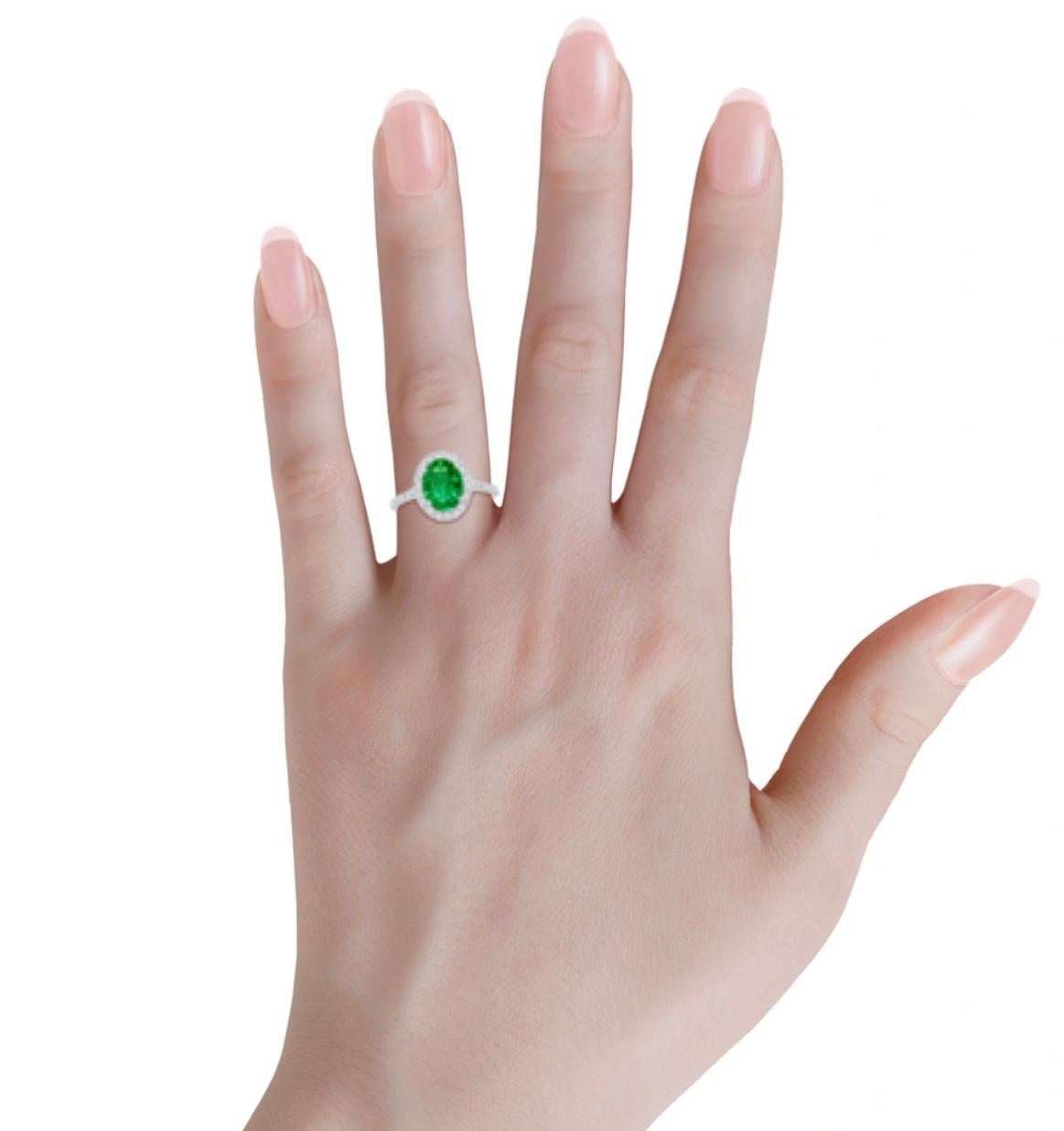 2.5 Carat Oval Natural Zambian Emerald & 1.25ct Diamond Ring 14 Karat White Gold For Sale 12