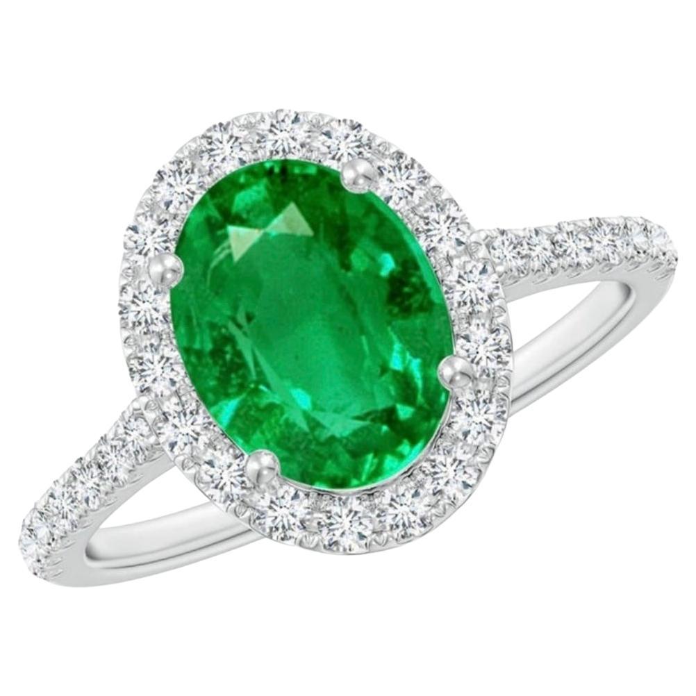 2.5 Carat Oval Natural Zambian Emerald & 1.25ct Diamond Ring 14 Karat White Gold For Sale