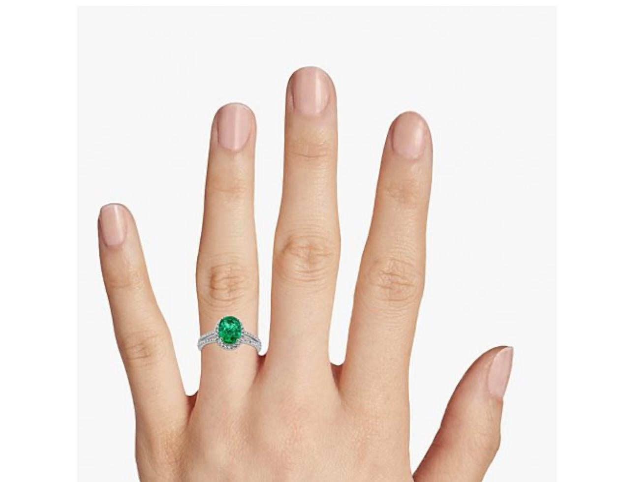 Anillo de oro blanco de 14 quilates con esmeralda zambiana natural ovalada de 2,5 quilates y diamante de 2 quilates en venta 9