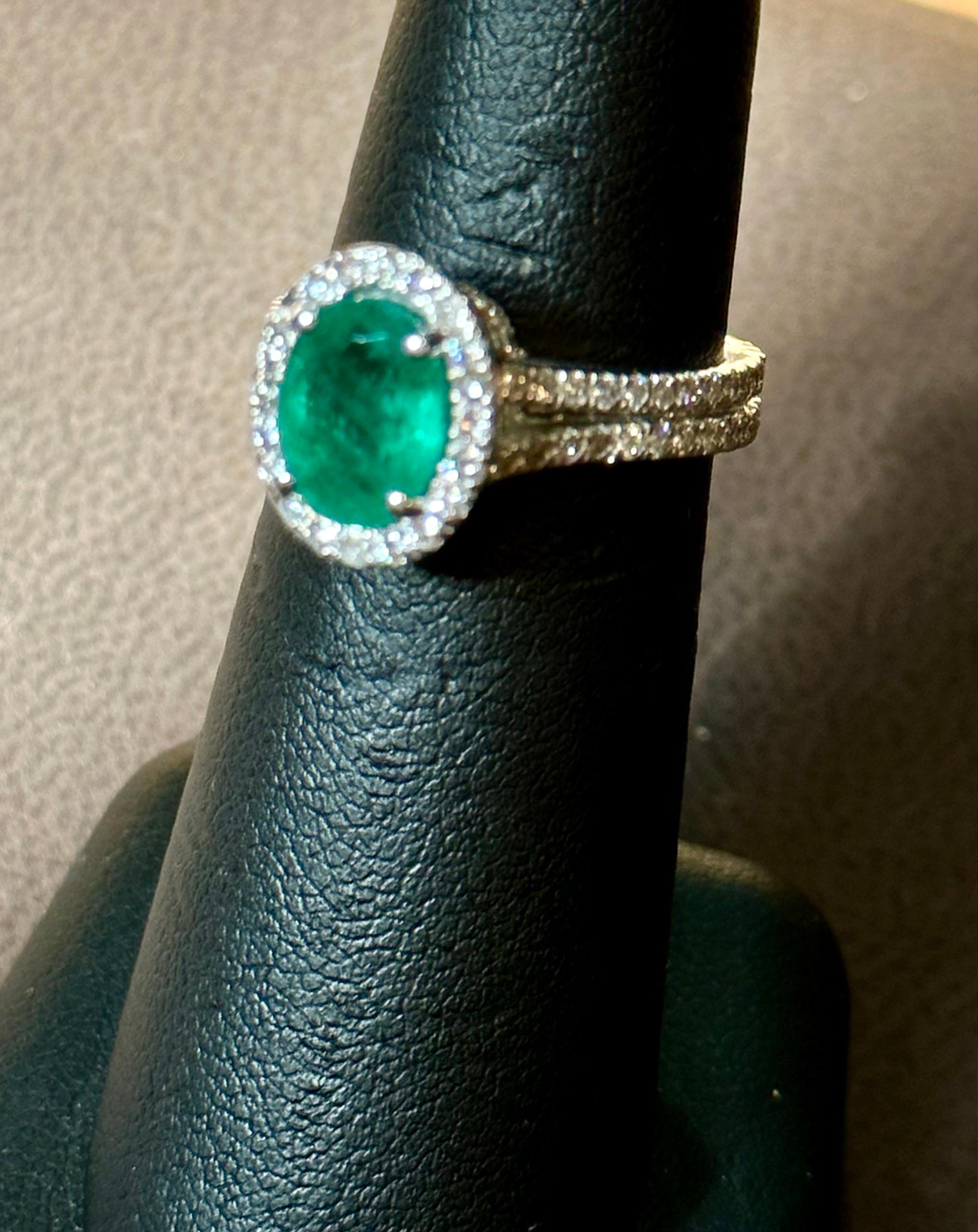 2.5 Carat Oval Natural Zambian Emerald & 2 ct Diamond Ring 14 Karat White Gold For Sale 1