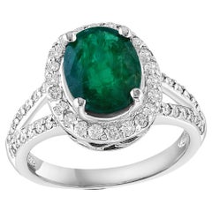 2.5 Carat Oval Natural Zambian Emerald & 2 ct Diamond Ring 14 Karat White Gold