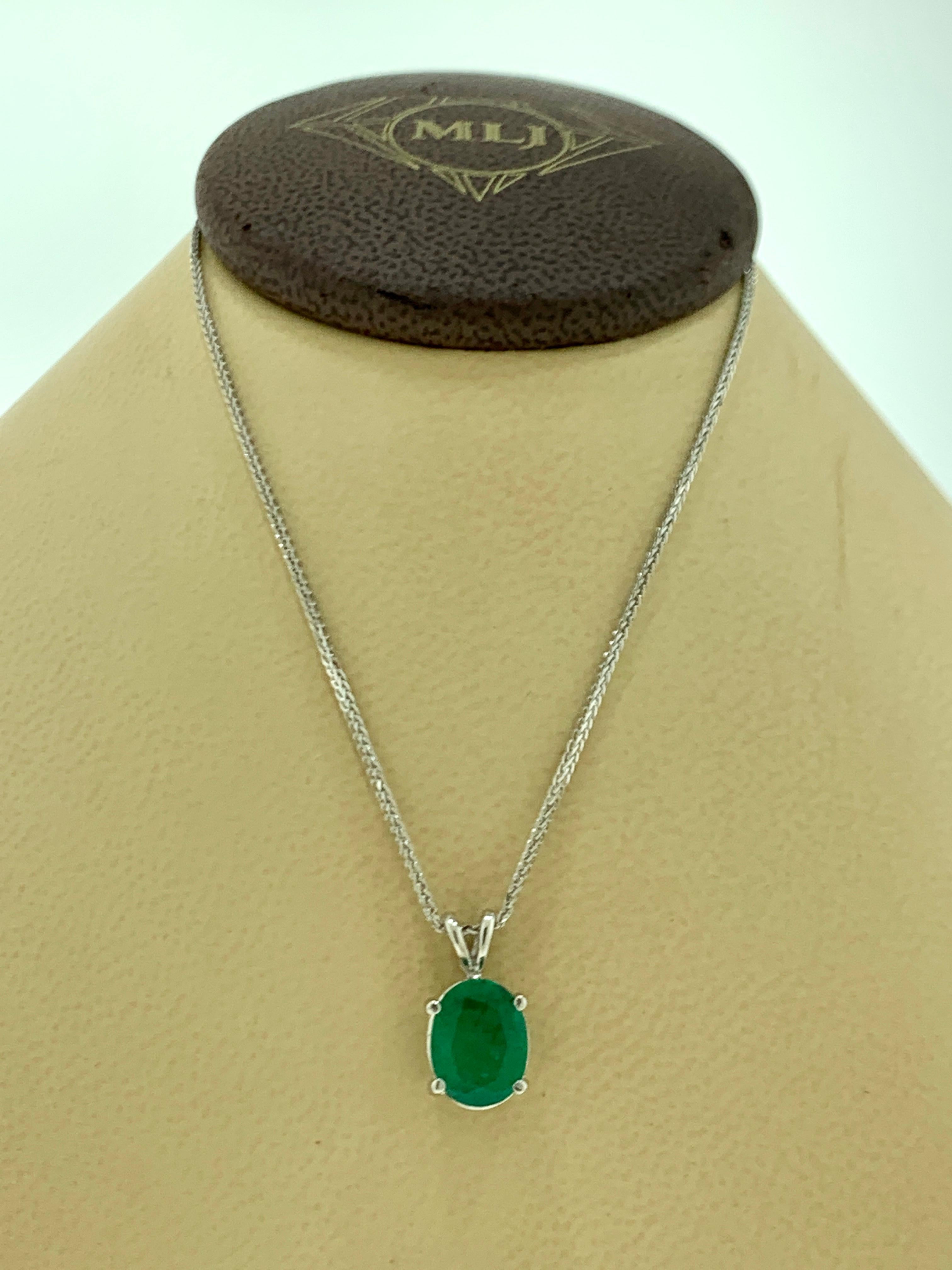 2.5 Carat Oval Shape Emerald Pendant or Necklace 14 Karat White Gold with Chain 1