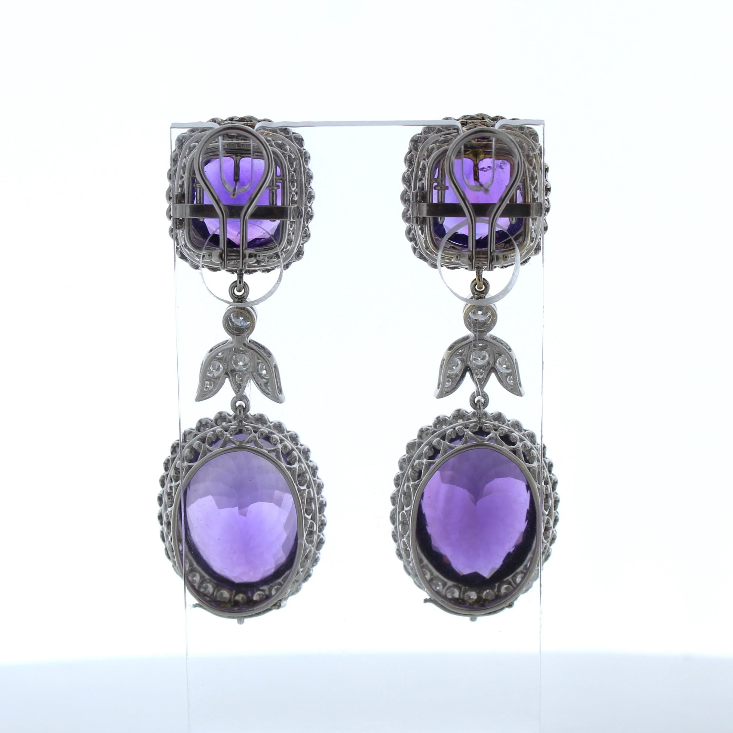 Oval Cut 25 Carat Oval Shape Purple Amethyst Fashion Earrings In 18k White Gold For Sale