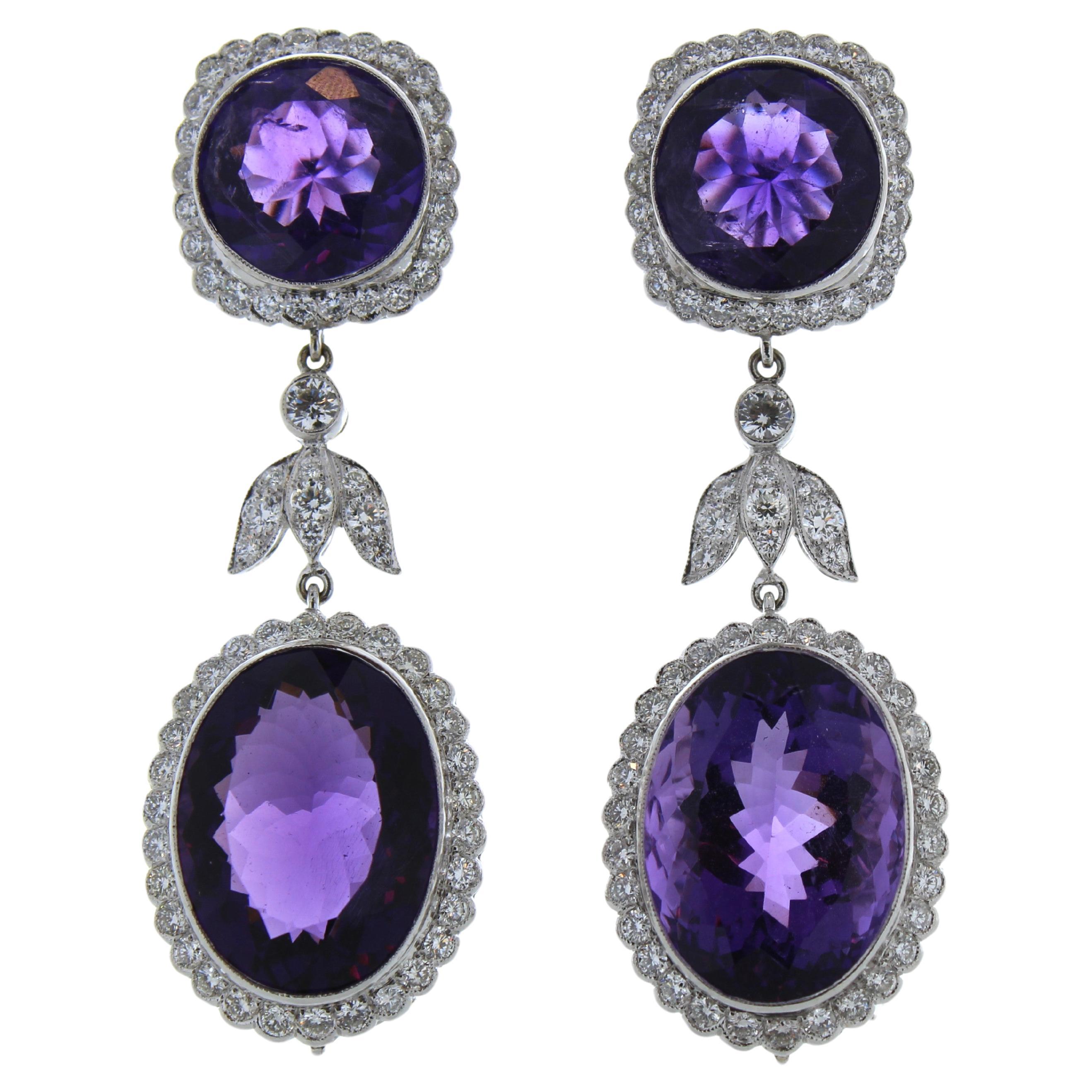 25 Carat Oval Shape Purple Amethyst Fashion Earrings In 18k White Gold For Sale