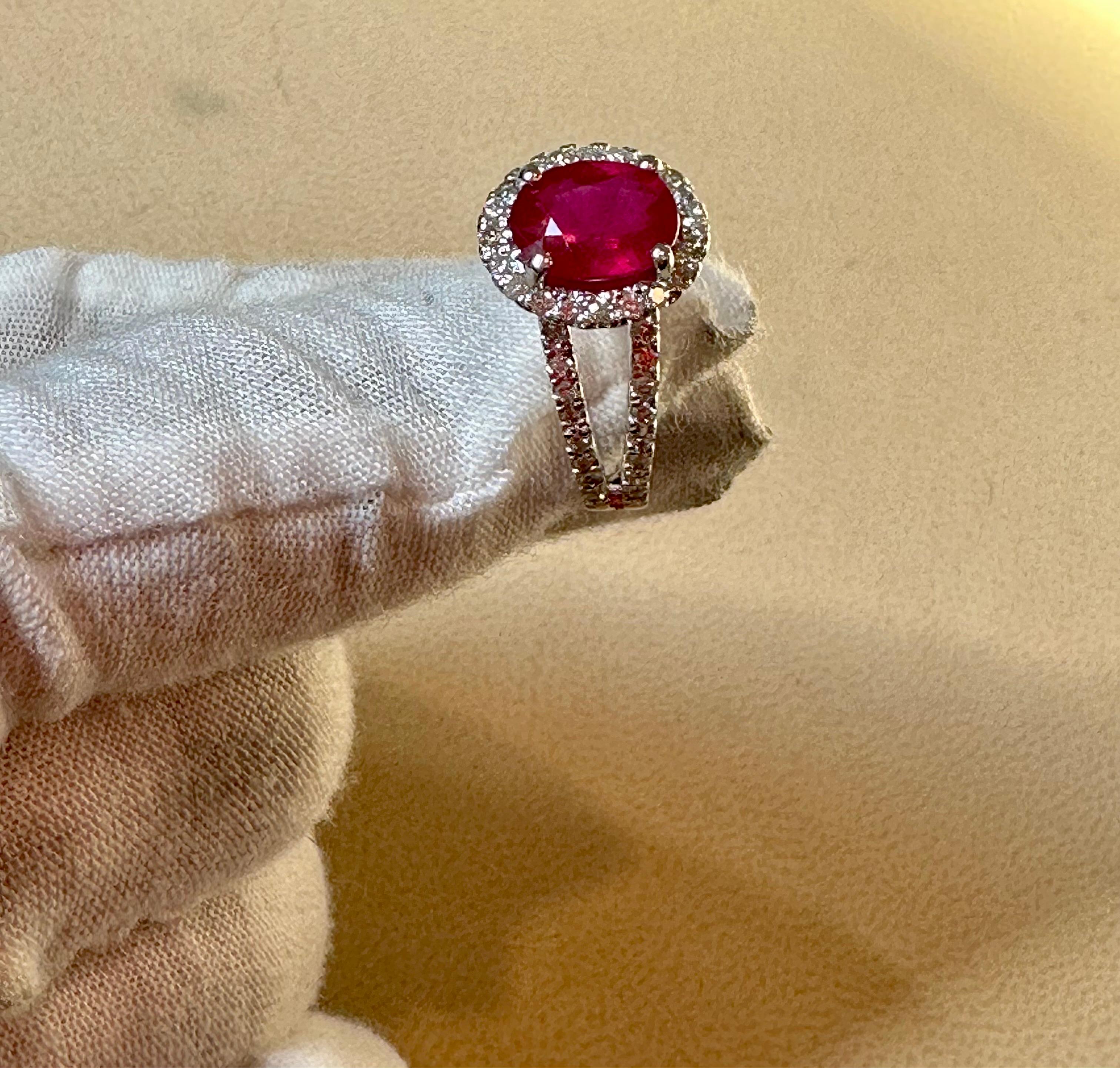 2.5 Carat Oval Treated Ruby & 2 ct Diamond Ring 14 Karat White Gold Size 7 For Sale 2