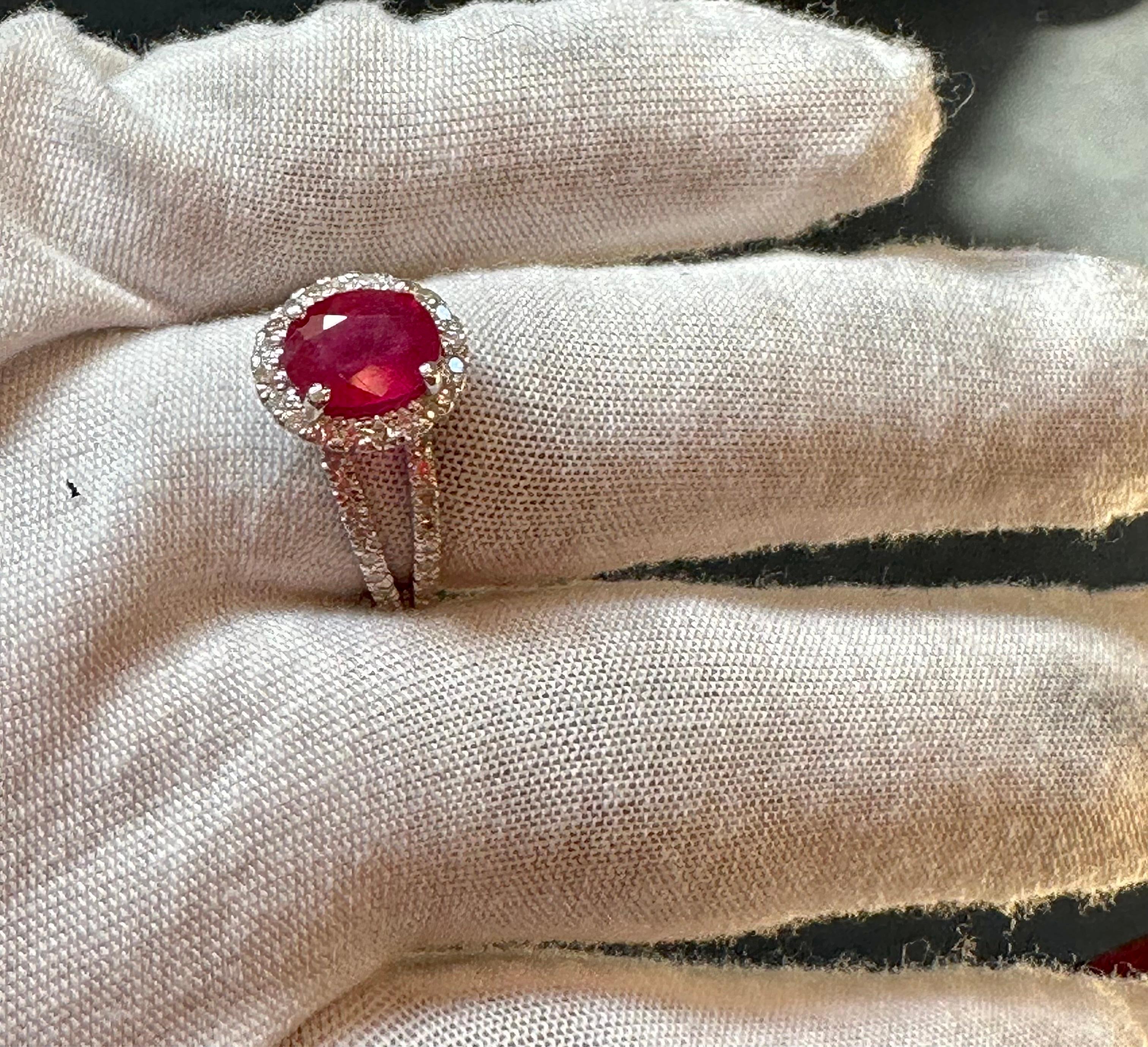 Oval Cut 2.5 Carat Oval Treated Ruby & 2 ct Diamond Ring 14 Karat White Gold Size 7 For Sale