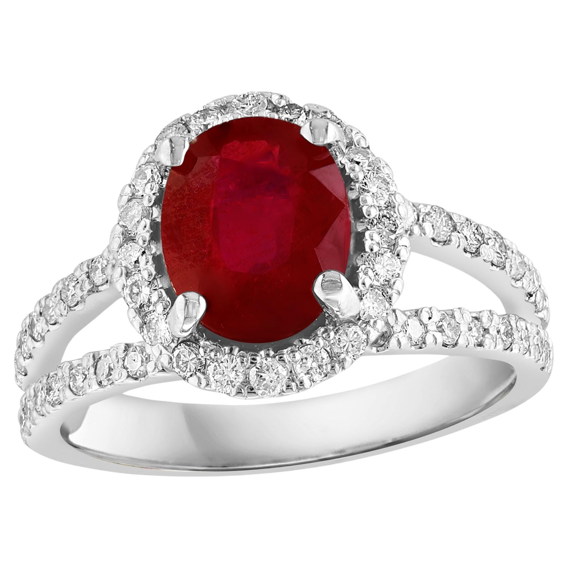 2.5 Carat Oval Treated Ruby & 2 ct Diamond Ring 14 Karat White Gold Size 7 For Sale