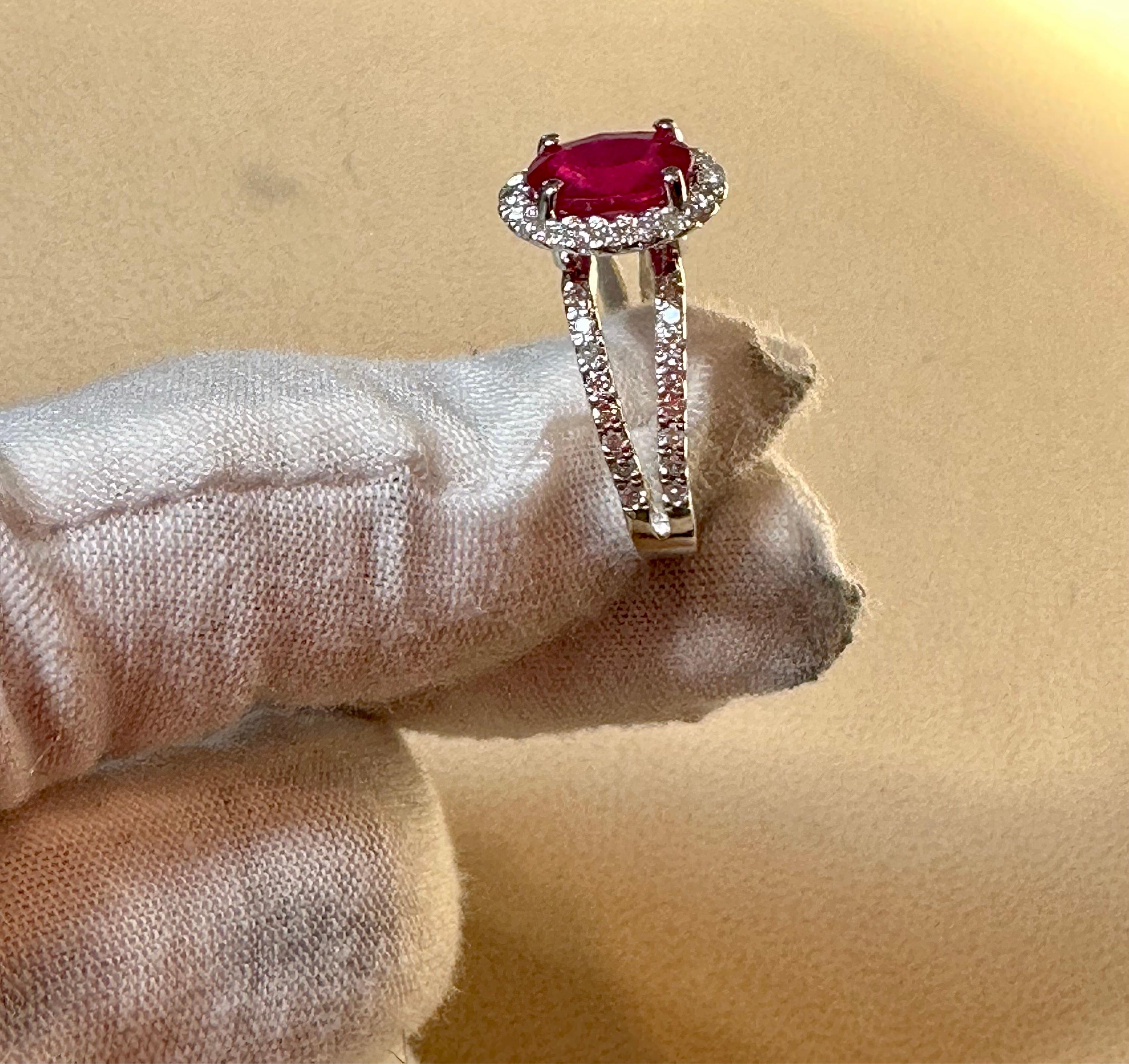 2.5 Carat Oval Treated Ruby & 2 ct Diamond Ring 14 Karat White Gold Size 7.25 For Sale 3