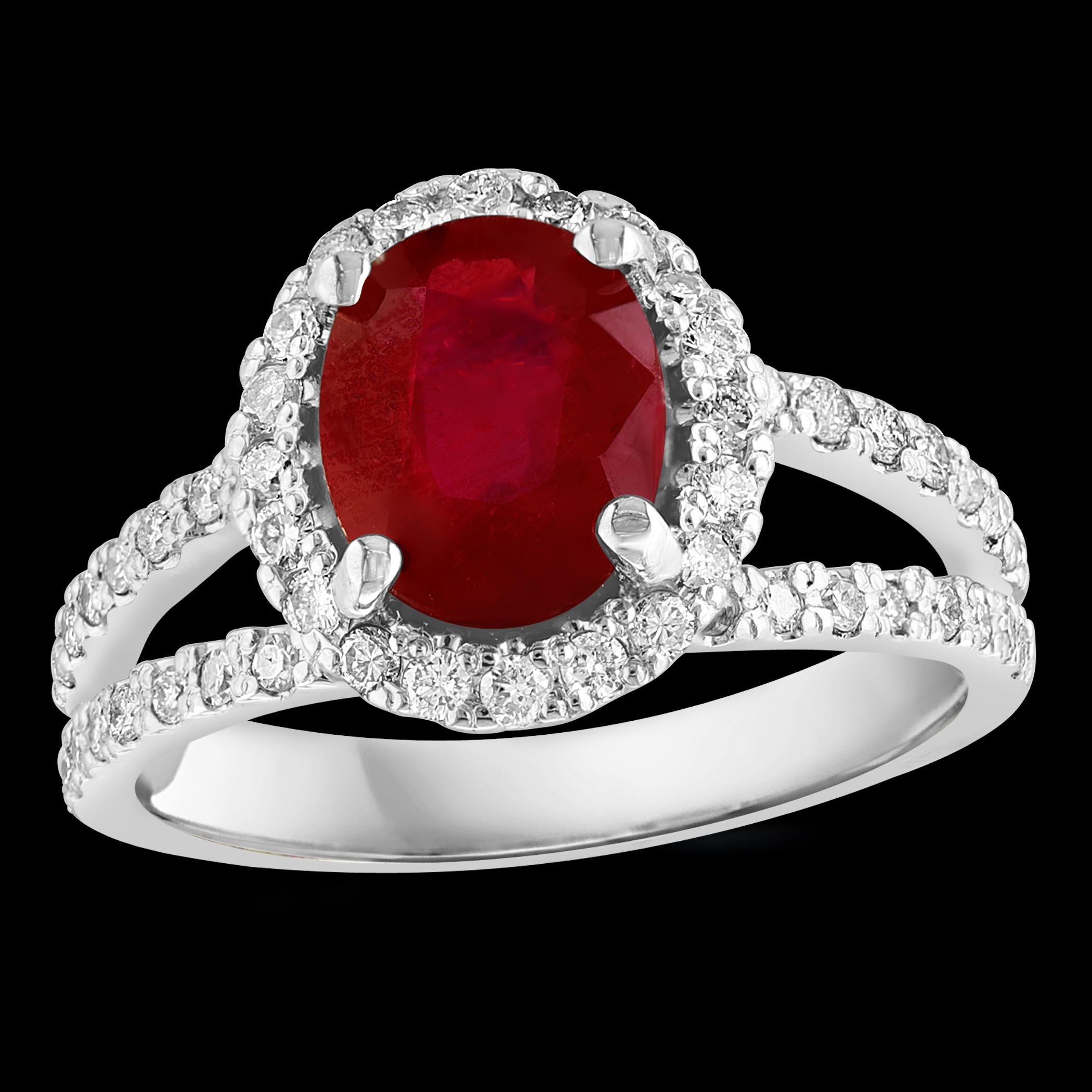 2.5 Carat Oval Treated Ruby & 2 ct Diamond Ring 14 Karat White Gold Size 7.25 For Sale 6