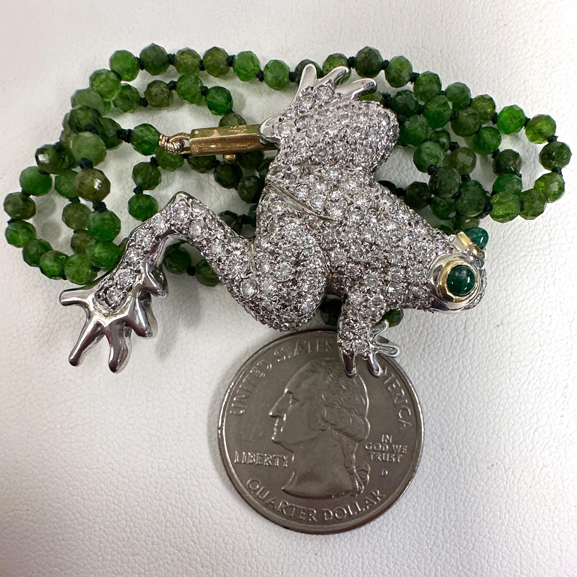 2.5 Carat Pavé Diamond Frog Pendant in White Gold on Chrome Diopside Bead Chain For Sale 5