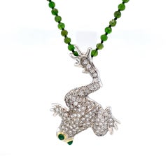 2.5 Carat Pavé Diamond Frog Pendant in White Gold on Chrome Diopside Bead Chain