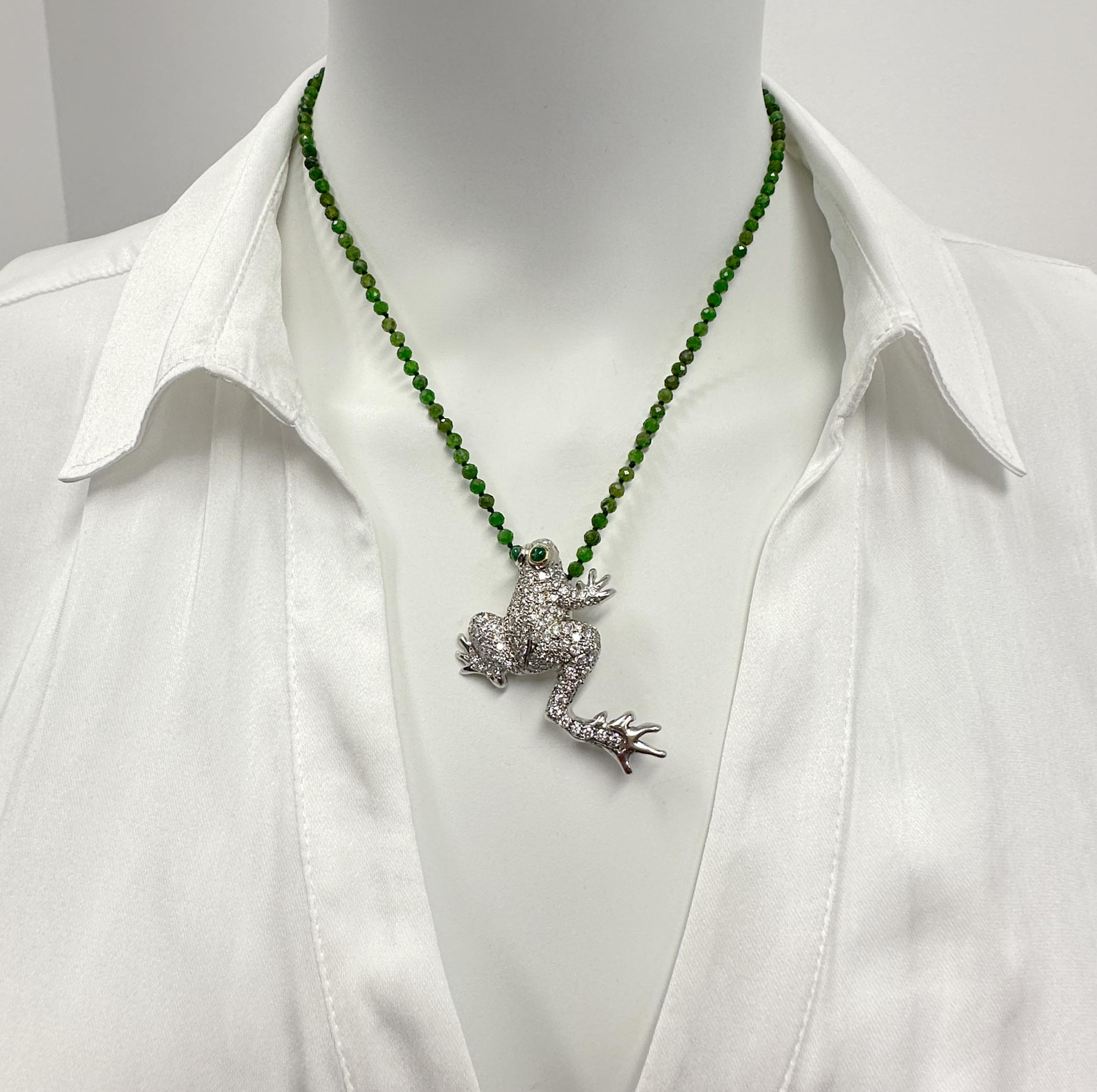 Contemporary 2.5 Carat Pavé Diamond Frog Pendant in White Gold on Chrome Diopside Bead Chain For Sale