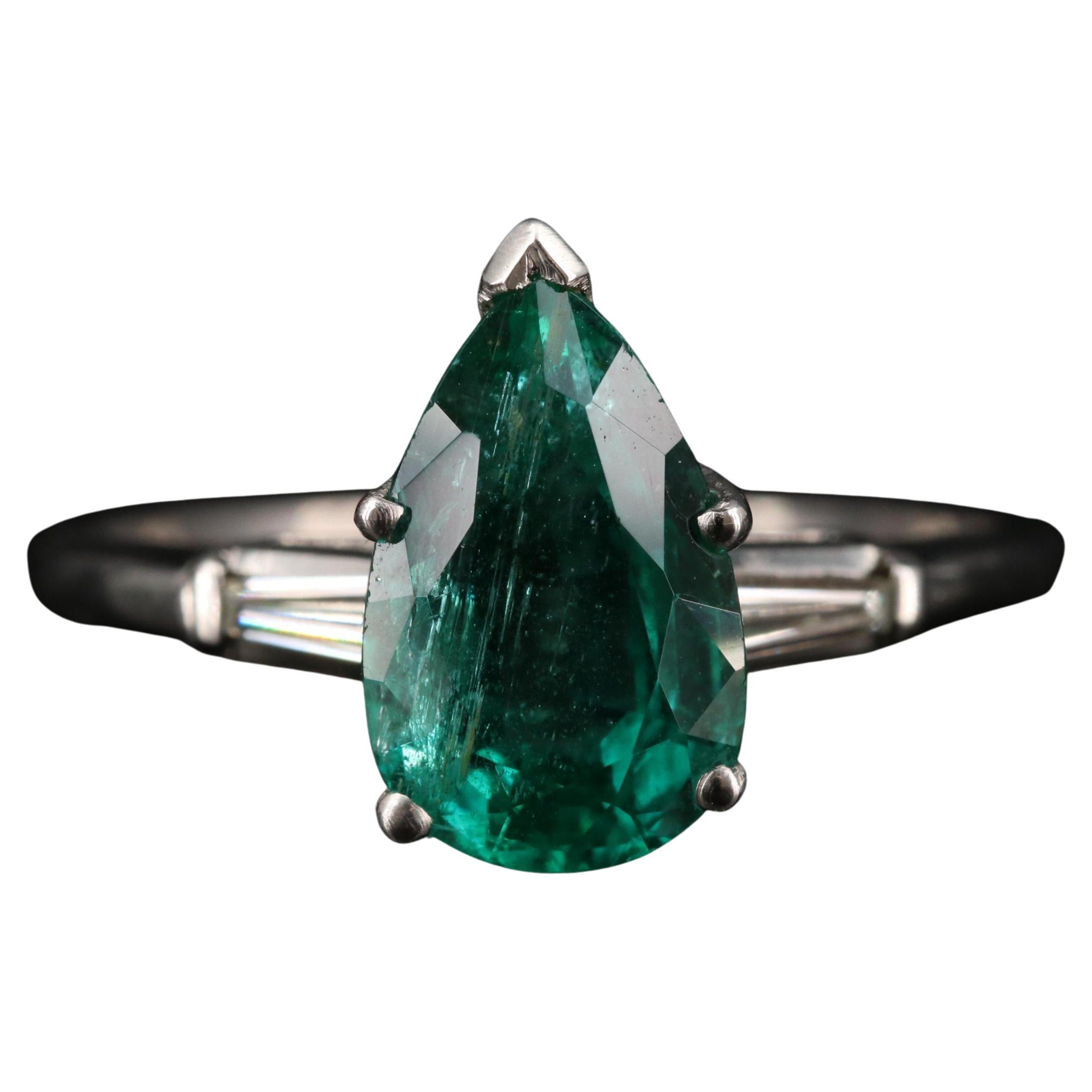 For Sale:  2.5 Carat Pear Cut Emerald Diamond Engagement Ring Art Deco Emerald Bridal Ring