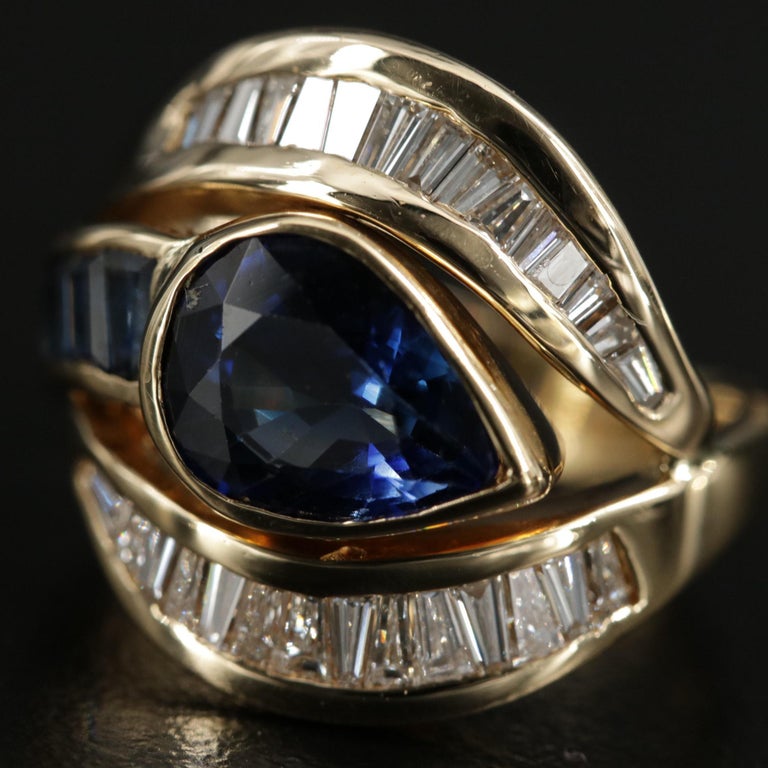 For Sale:  2.5 Carat Pear Cut Sapphire Engagement Ring Yellow Gold Diamond Cocktail Ring 3