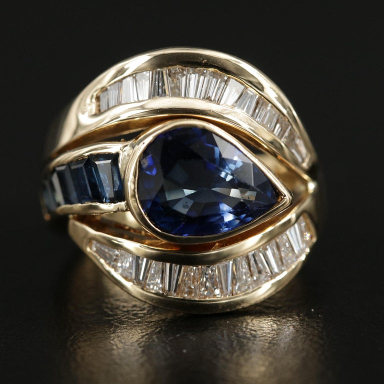 For Sale:  2.5 Carat Pear Cut Sapphire Engagement Ring Yellow Gold Diamond Cocktail Ring 8